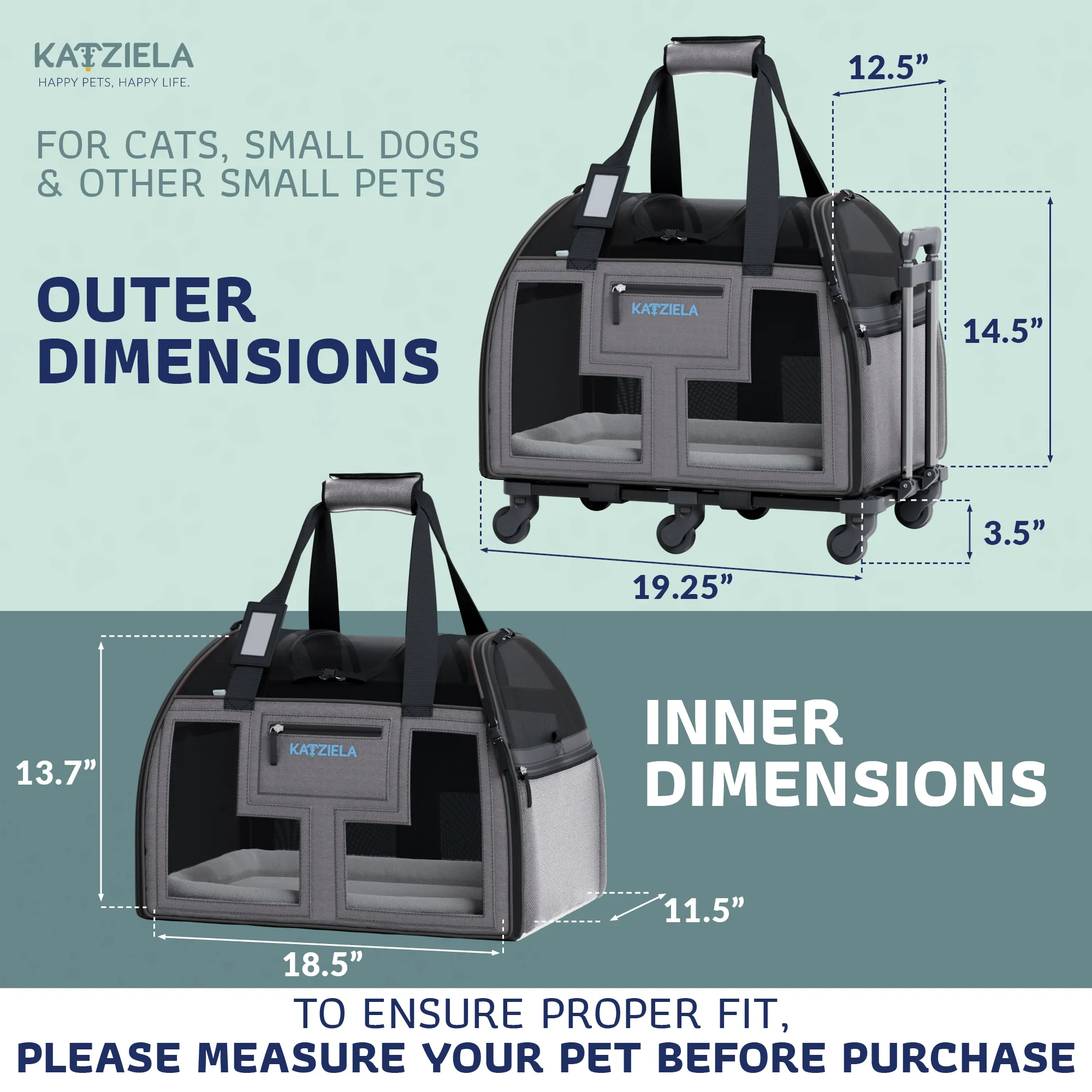 Katziela - Luxury Lorry PRO Pet Carrier with Removable Wheels ligth Gray