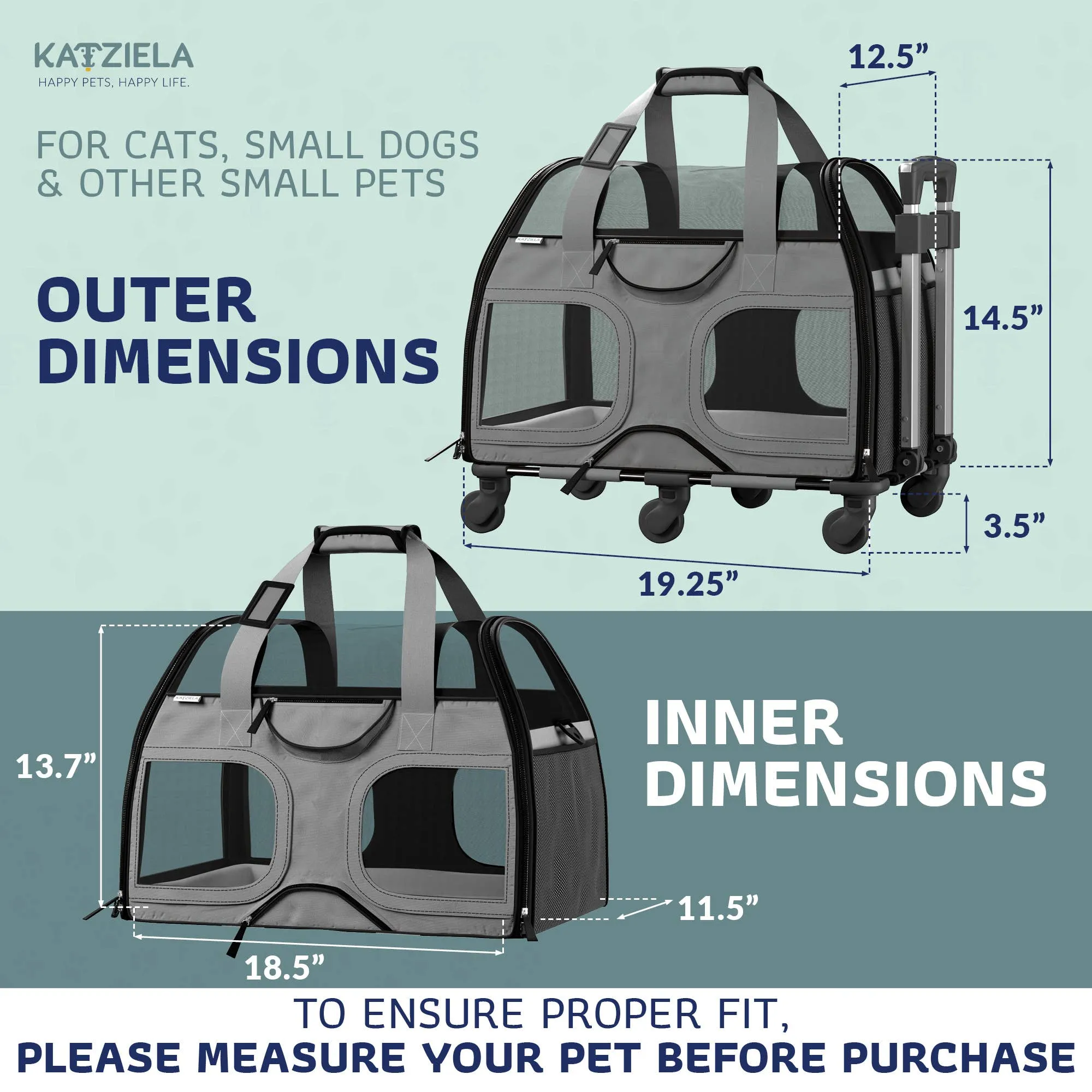 Katziela - Luxury Rider Pet Carrier with Removable Wheels - 4 Colors