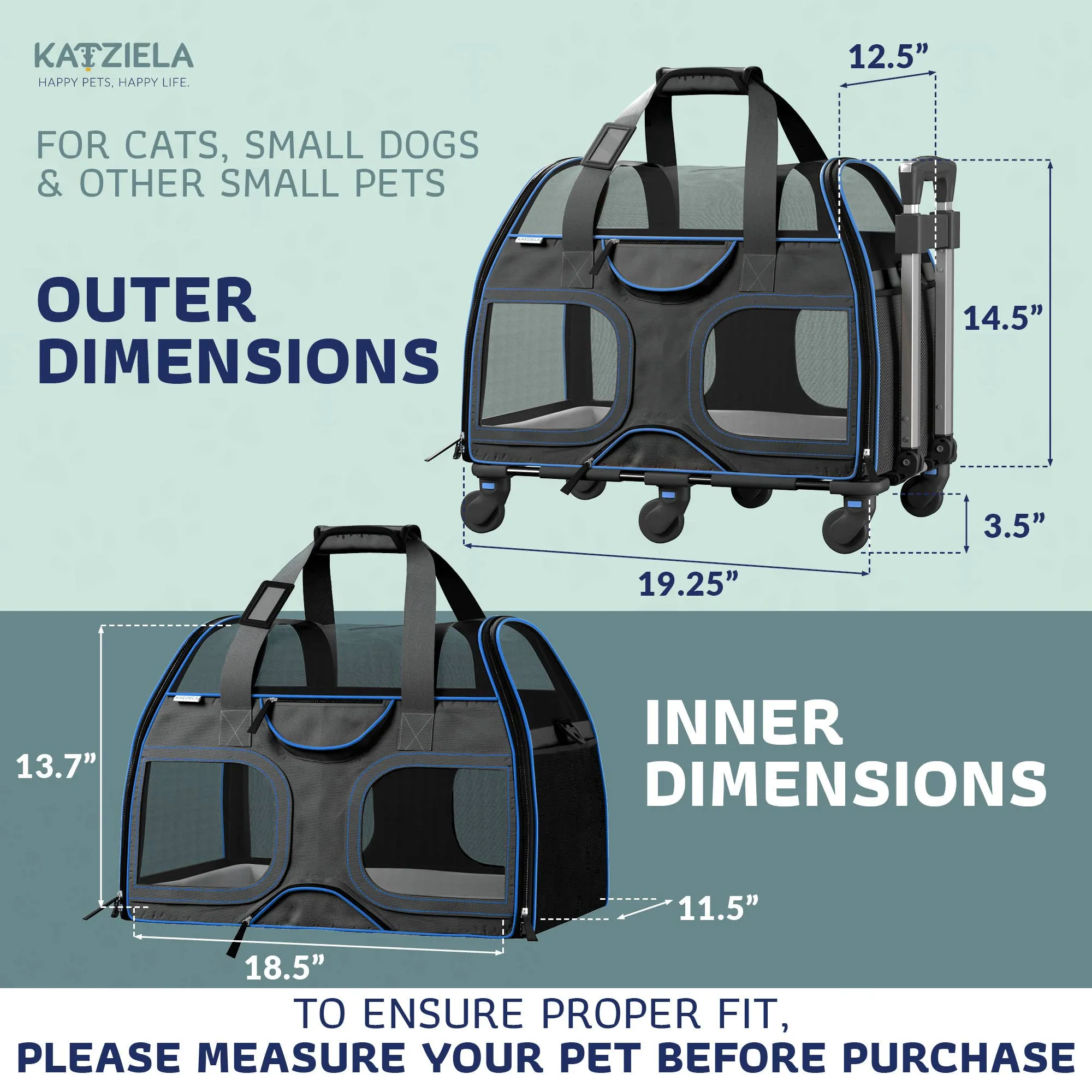 Katziela - Luxury Rider Pet Carrier with Removable Wheels - 4 Colors