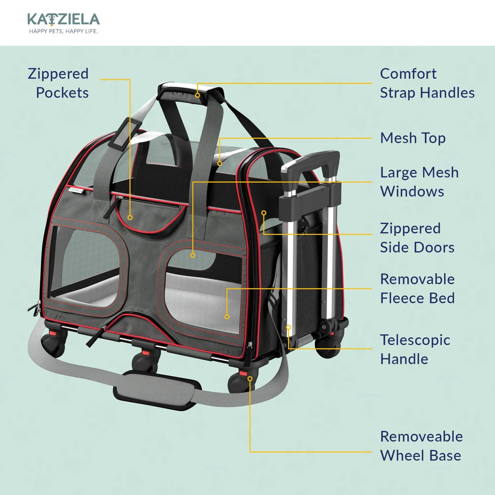 Katziela - Luxury Rider Pet Carrier with Removable Wheels - 4 Colors