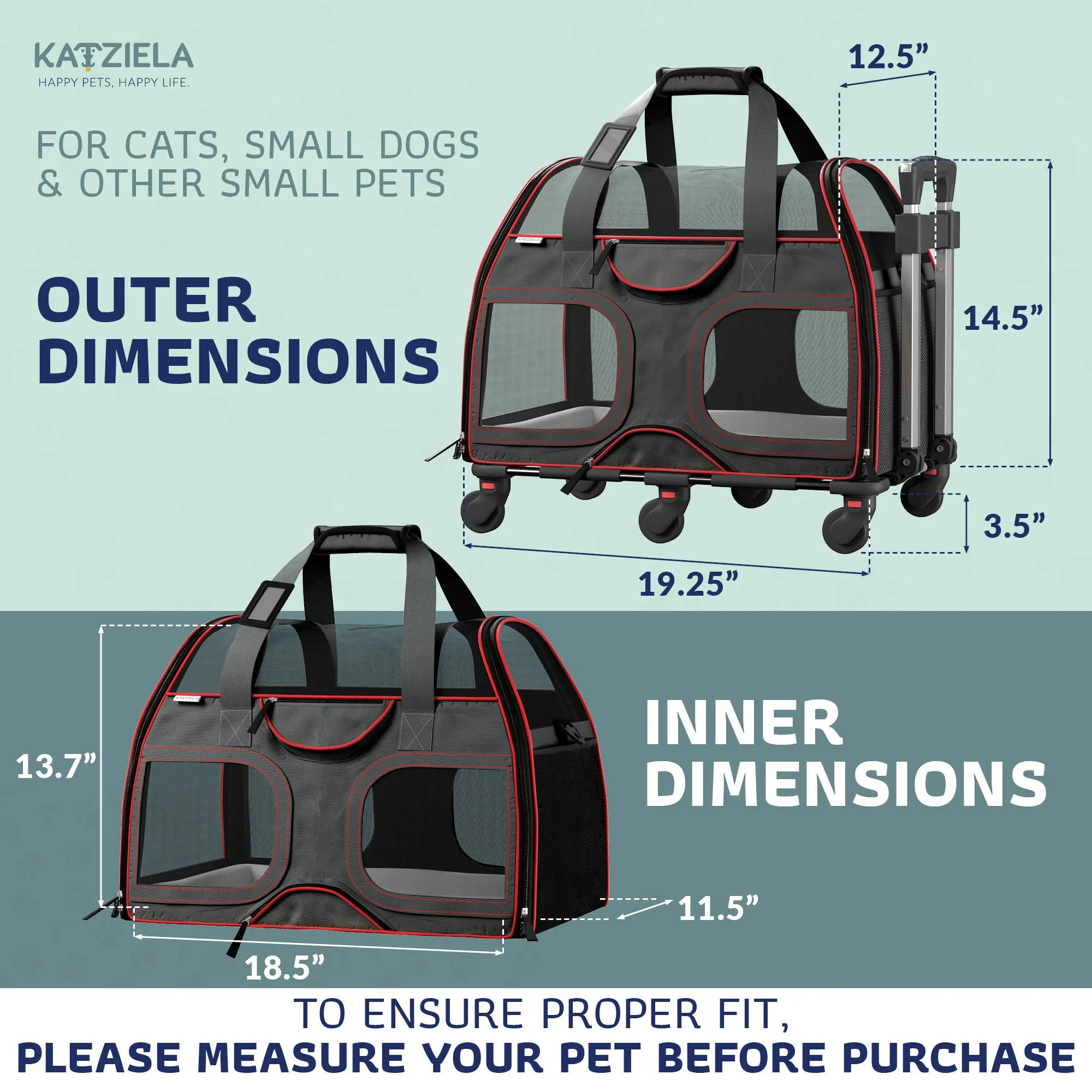 Katziela - Luxury Rider Pet Carrier with Removable Wheels - 4 Colors