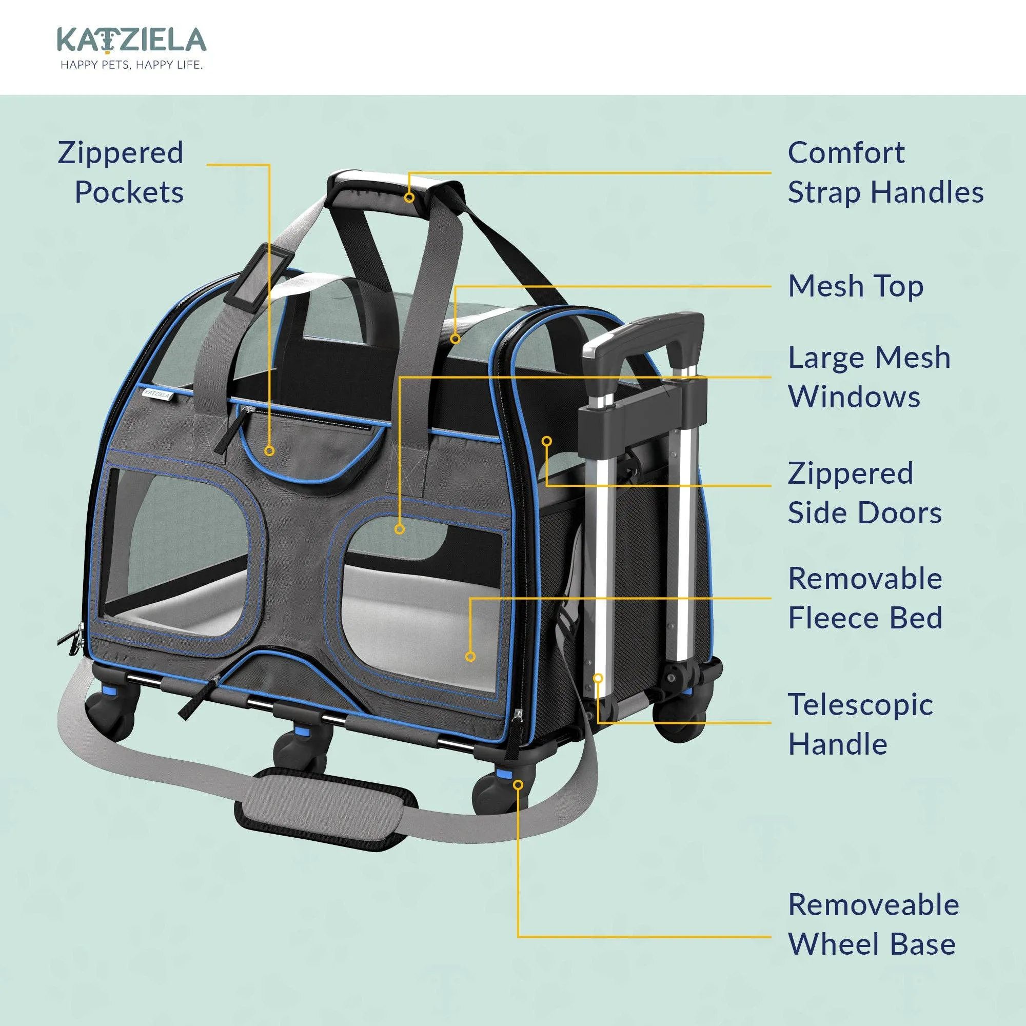 Katziela - Luxury Rider Pet Carrier with Removable Wheels - 4 Colors