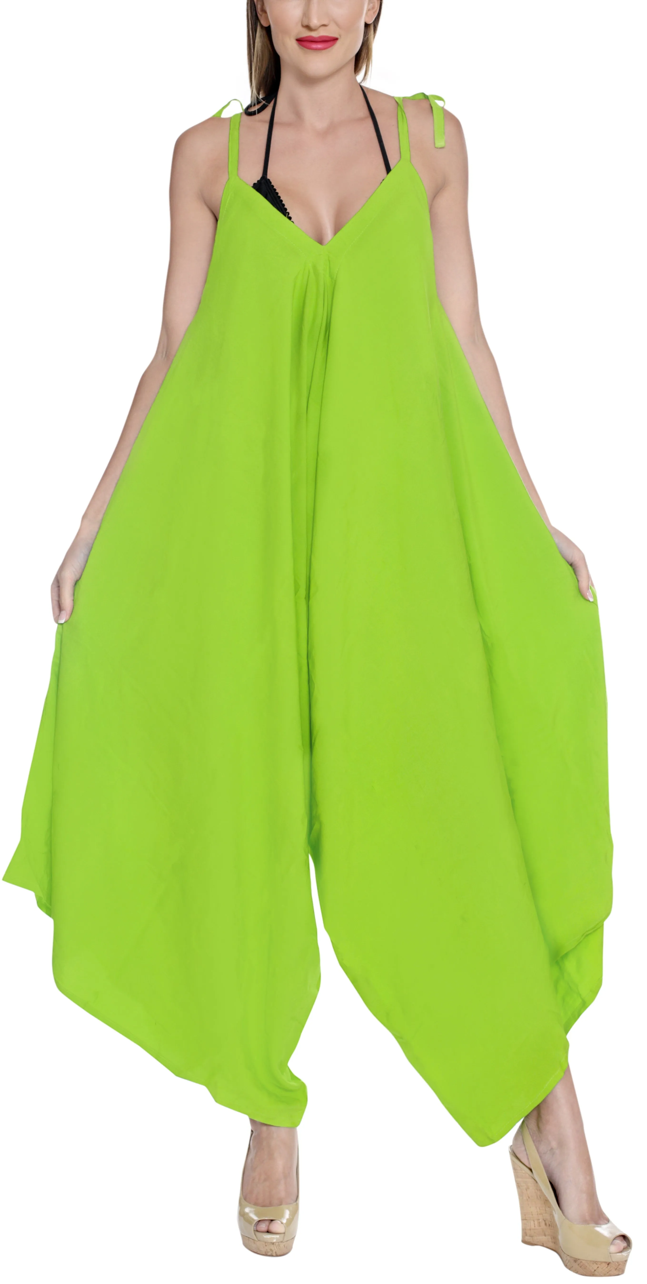 LA LEELA Beach Dress Solid Beach Vacation Stretchy OSFM 14-16  Parrot Green_3433