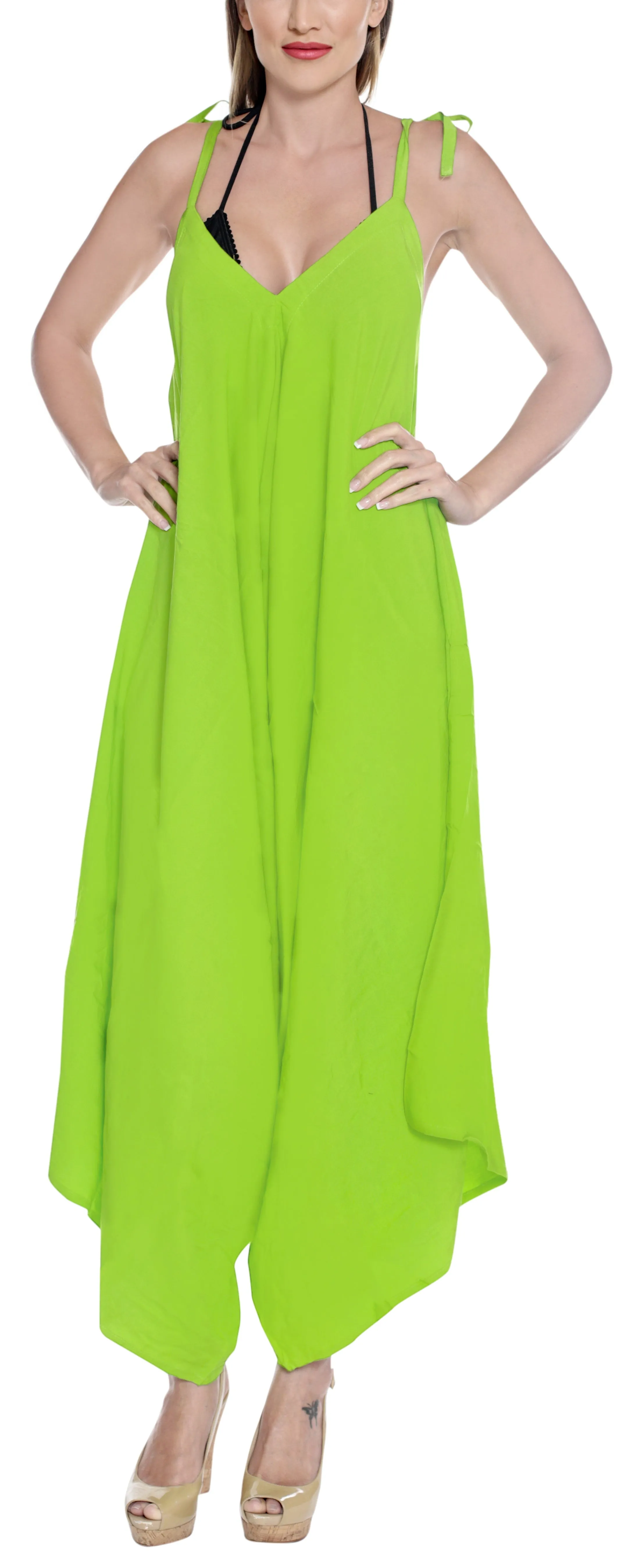 LA LEELA Beach Dress Solid Beach Vacation Stretchy OSFM 14-16  Parrot Green_3433