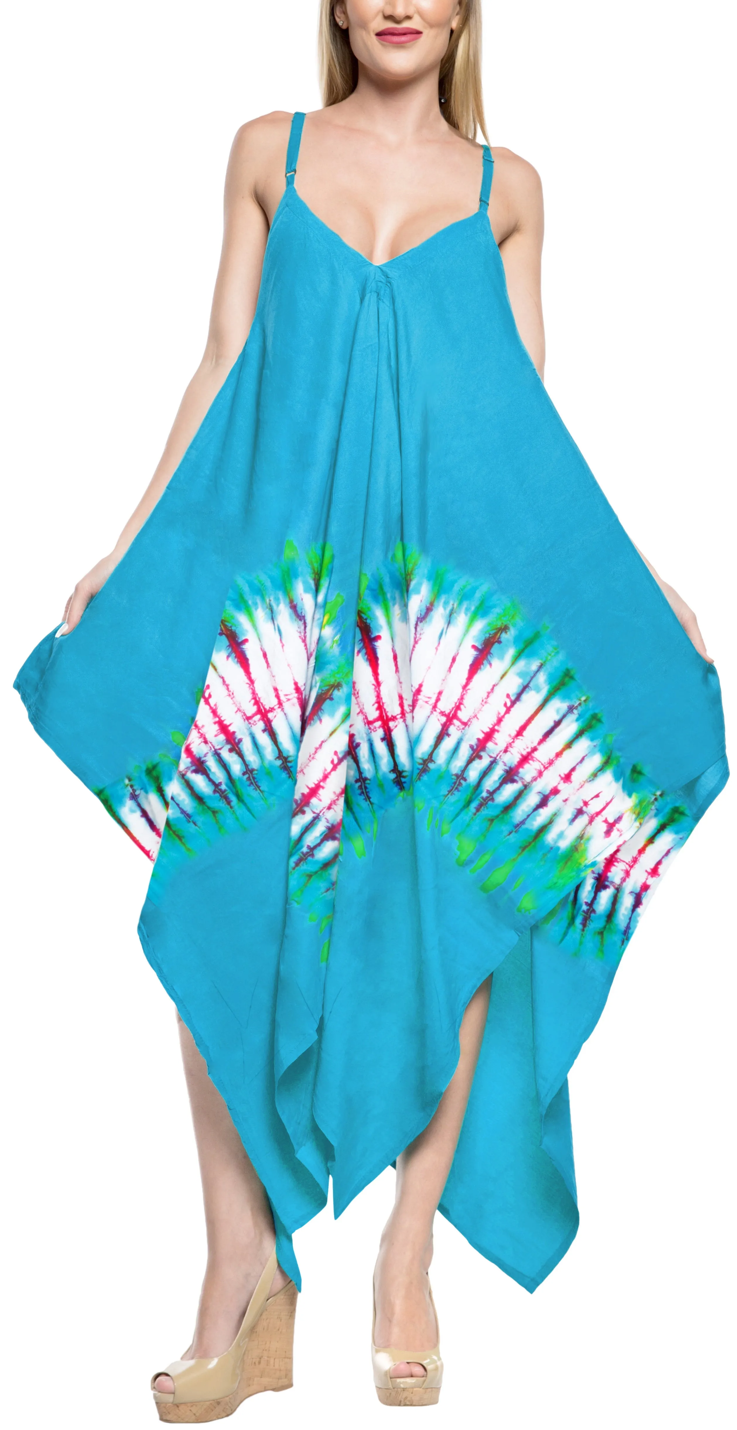 LA LEELA Casual DRESS Beach Cover up Rayon Tie Dye Swimsuit Evening OSFM 14-16 [L-1X] Turquoise_3484