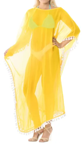 LA LEELA Chiffon Solid Long Caftan Vacation Top Yellow_4110 OSFM 14-18W [L-2X] Yellow_B522