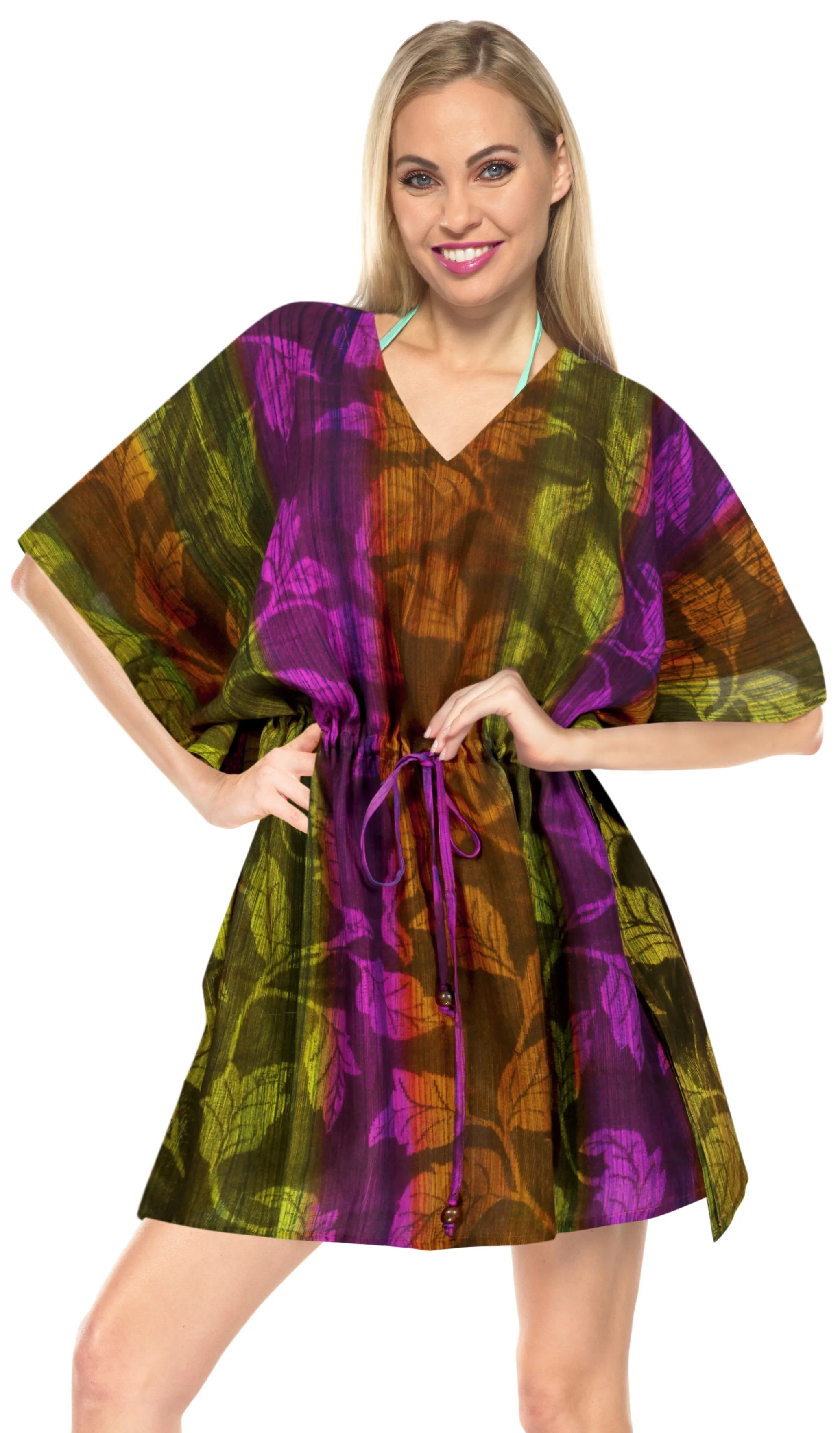 LA LEELA Cotton Tie_Dye Short Caftan Vacation Dress Pumpkin Orange_A95