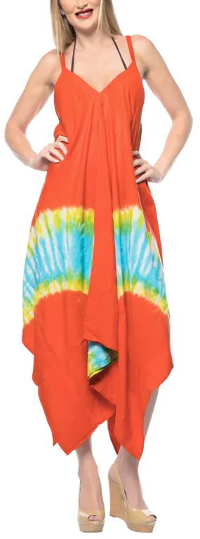 LA LEELA DRESS Beach Cover up Rayon Tie Dye Casual Strapless Cover Up OSFM 14-16 [L-1X] Orange_3485