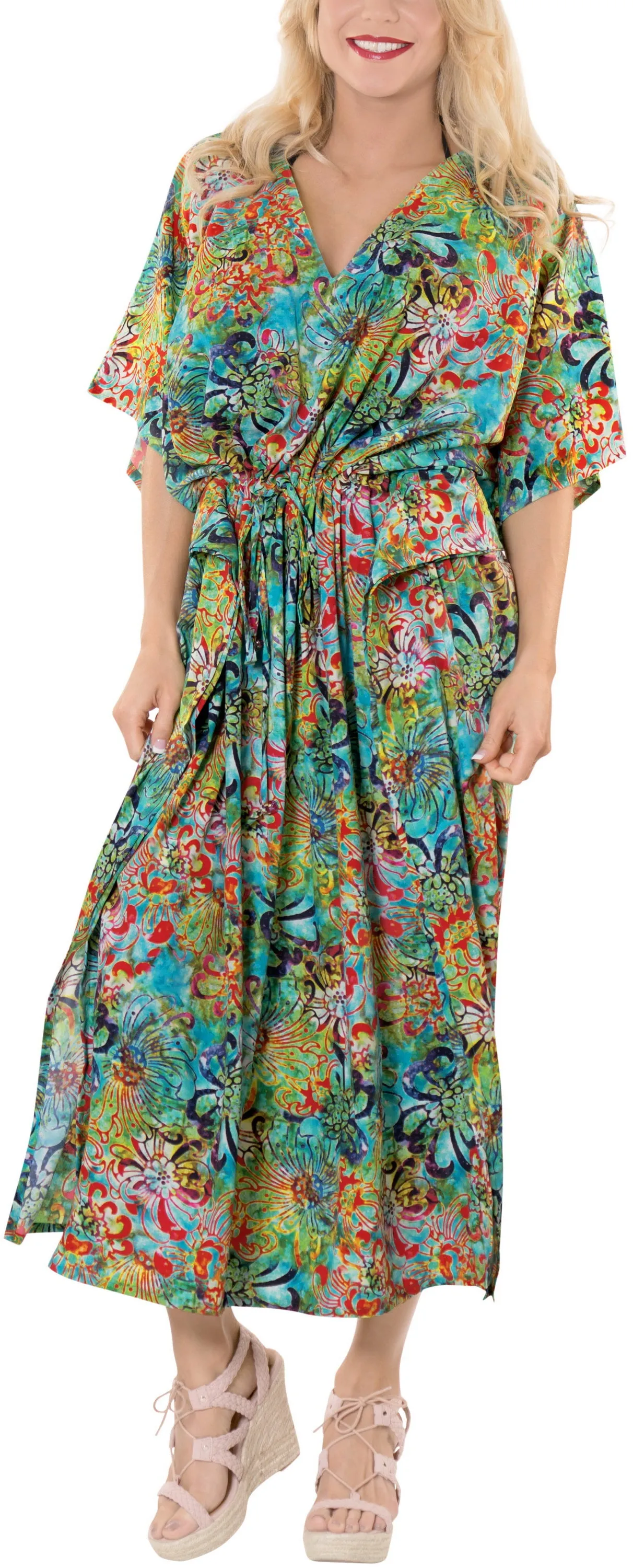 LA LEELA Likre Digital Long Caftan Women's Multicolor_767 OSFM 14-22W [L-3X] Multicolor_K264