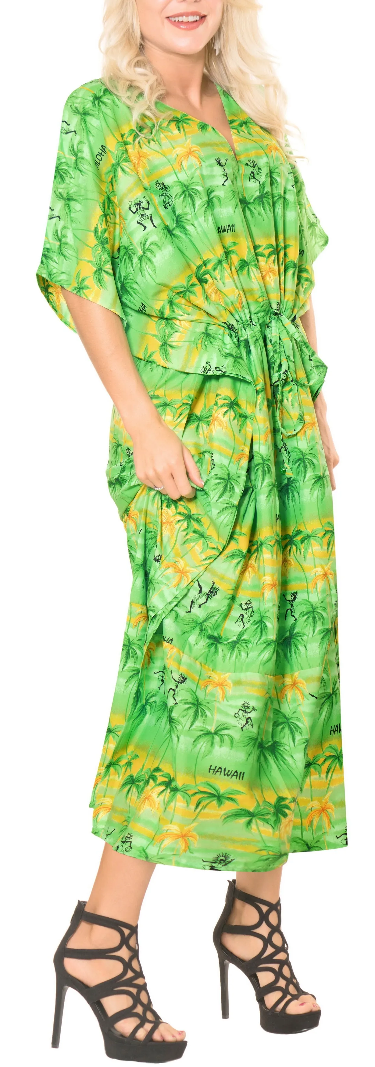 LA LEELA Likre Printed Long Caftan Vacation Parrot Green_717 OSFM 14-22W [L-3X] Green_H200