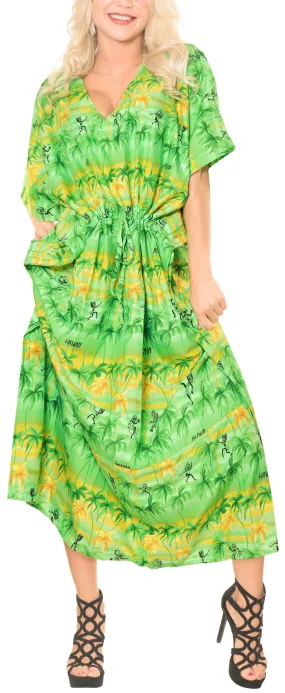 LA LEELA Likre Printed Long Caftan Vacation Parrot Green_717 OSFM 14-22W [L-3X] Green_H200