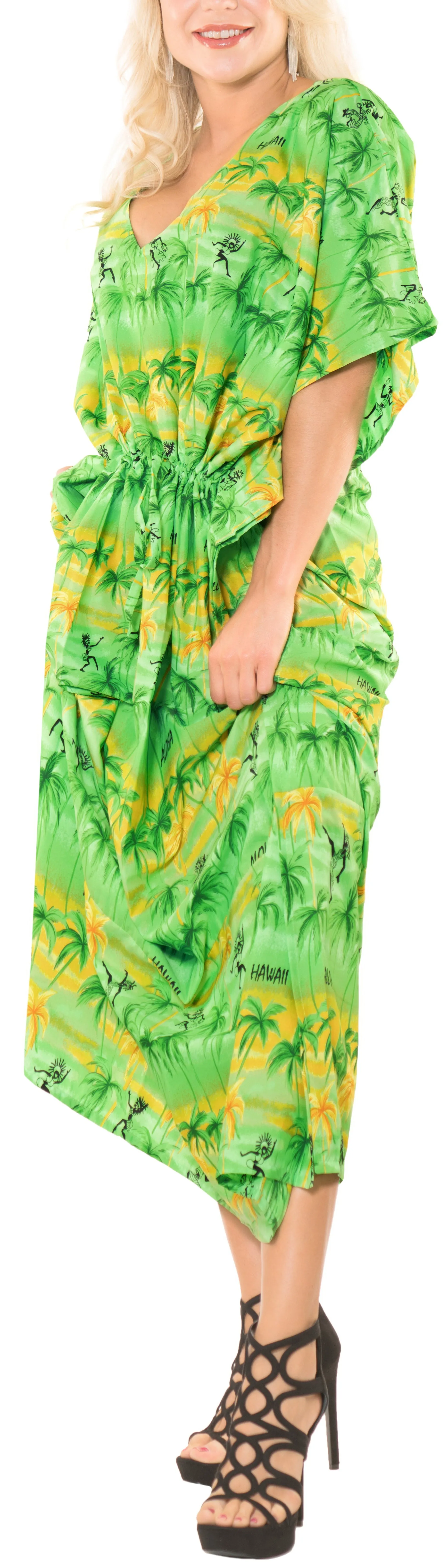 LA LEELA Likre Printed Long Caftan Vacation Parrot Green_717 OSFM 14-22W [L-3X] Green_H200