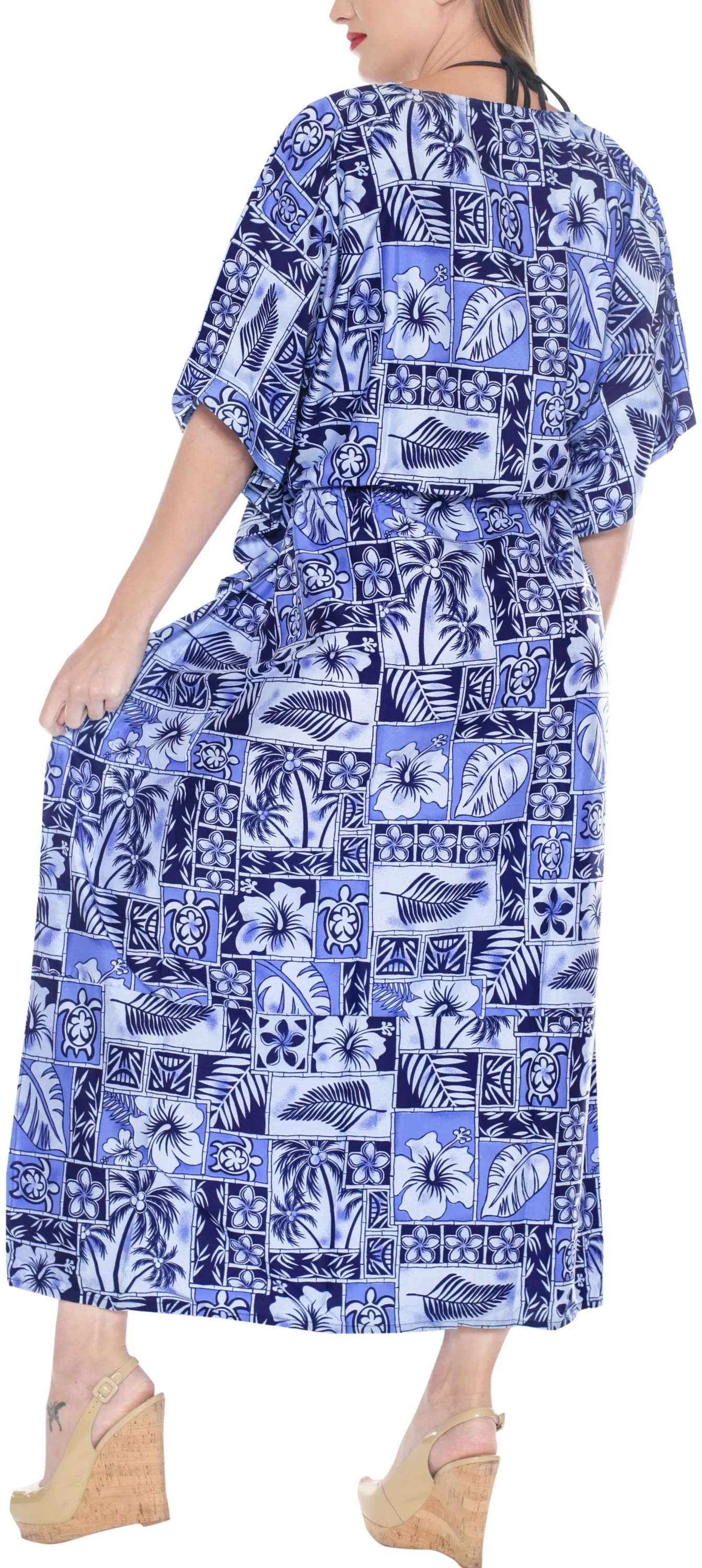 La Leela Likre Printed Long Swimsuit Bathing Evening Full length Caftan Blue Blue_S2