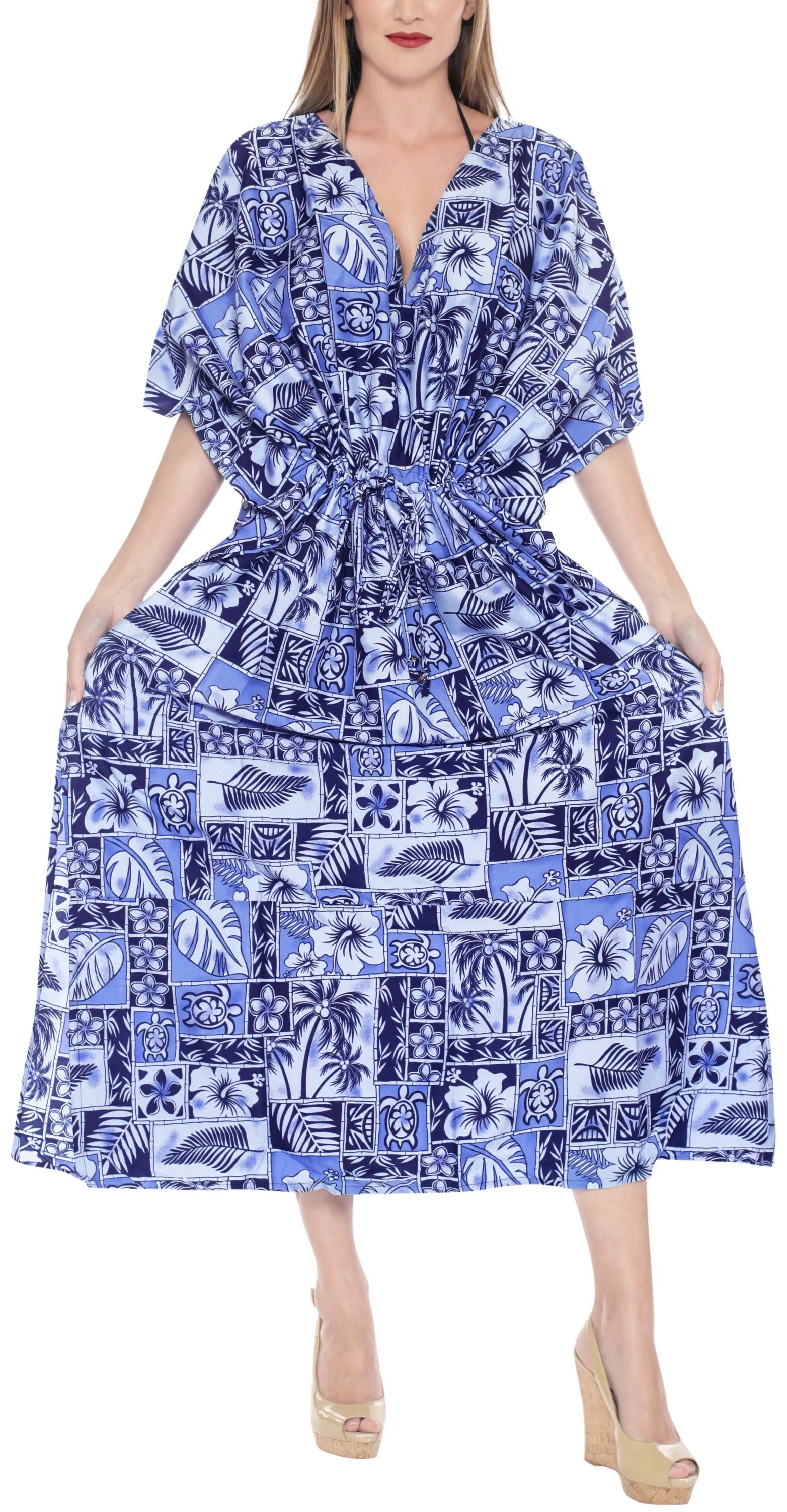 La Leela Likre Printed Long Swimsuit Bathing Evening Full length Caftan Blue Blue_S2