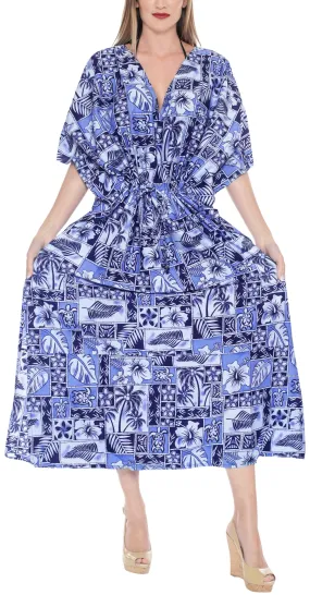 La Leela Likre Printed Long Swimsuit Bathing Evening Full length Caftan Blue Blue_S2