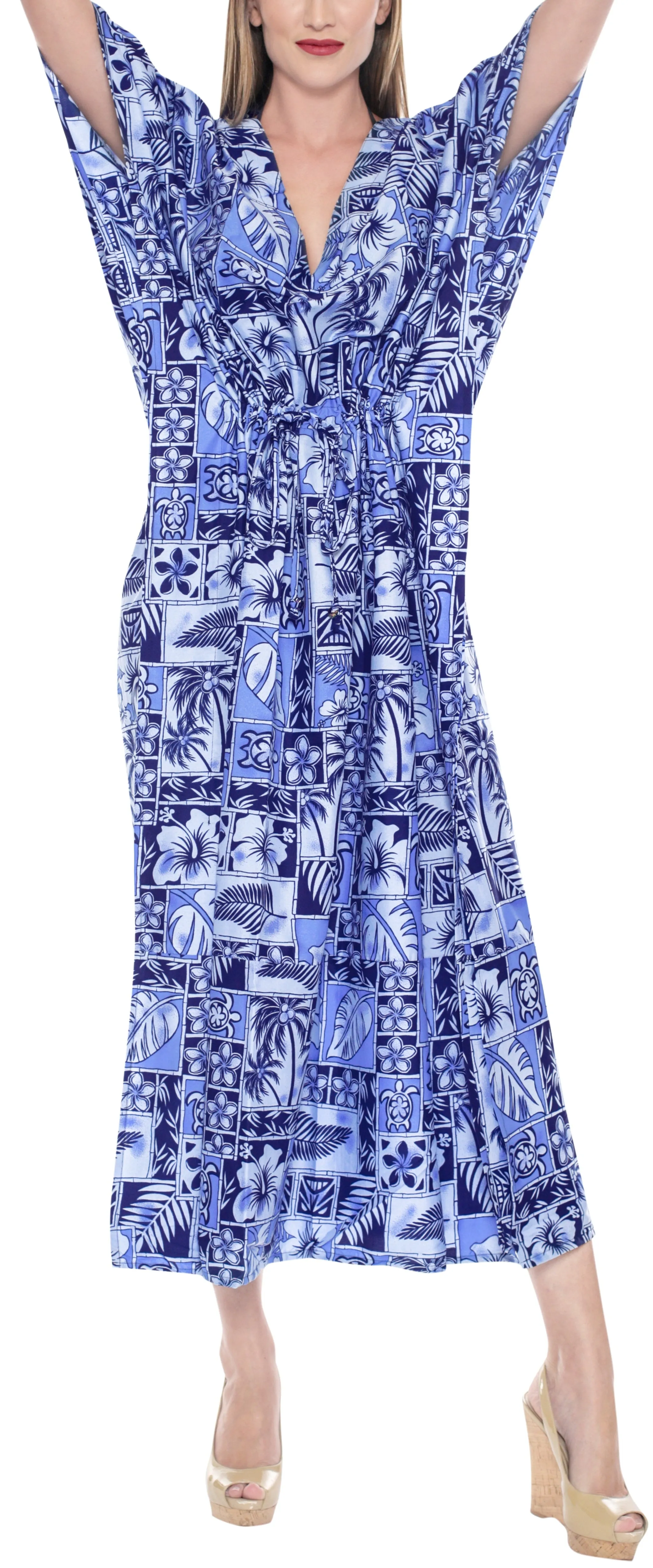 La Leela Likre Printed Long Swimsuit Bathing Evening Full length Caftan Blue Blue_S2