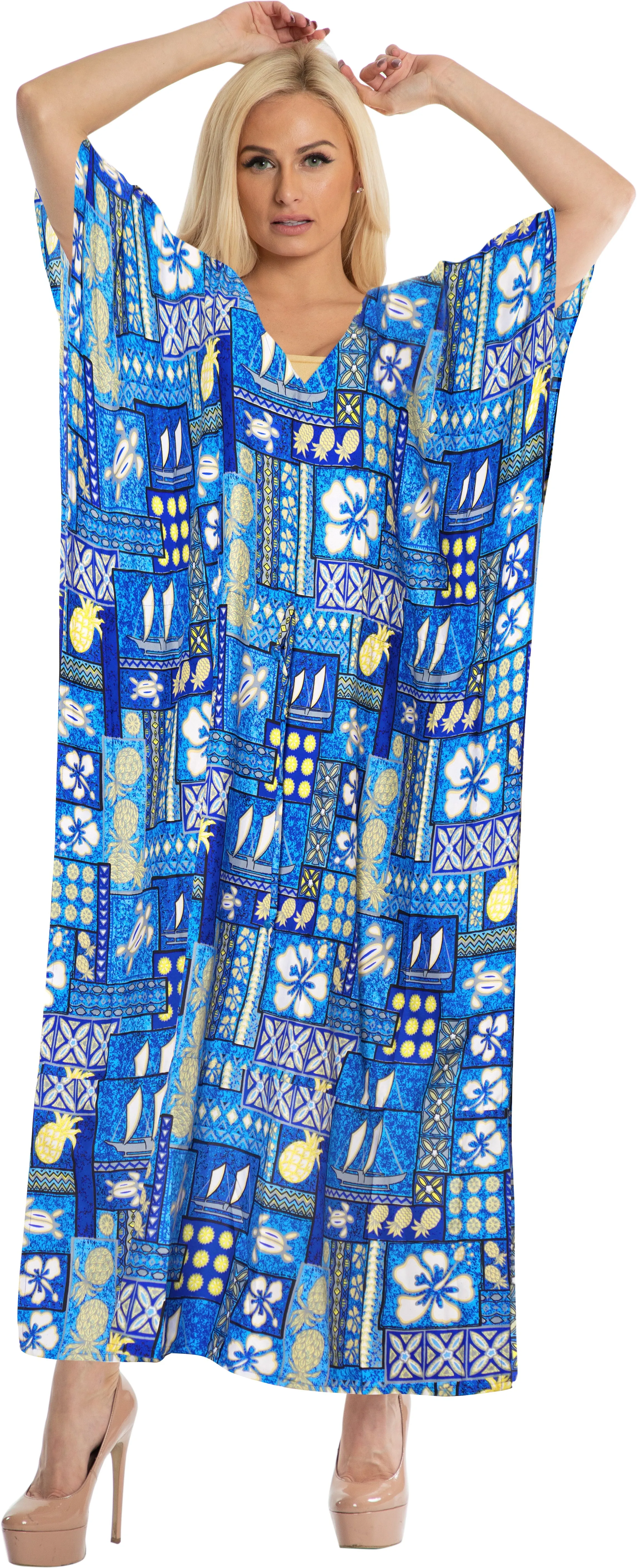 LA LEELA Lounge Caftan Likre Printed Resort Wear Kaftan Blouse Beach Dress Designer Cover ups Blue_F250
