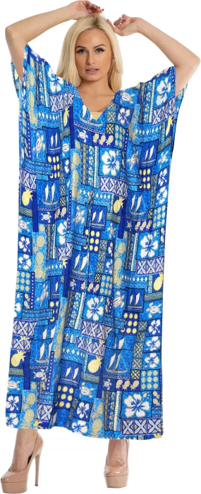 LA LEELA Lounge Caftan Likre Printed Resort Wear Kaftan Blouse Beach Dress Designer Cover ups Blue_F250