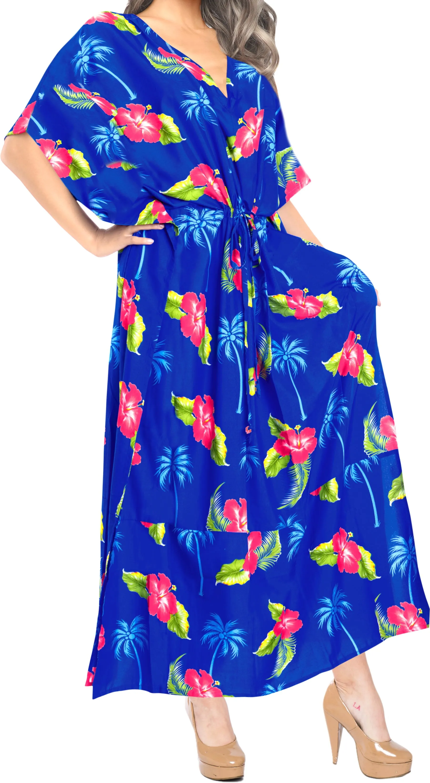 LA LEELA Lounge Caftan Likre Printed Resort Wear Kaftan Blouse Beach Dress Designer Cover ups Blue_K767