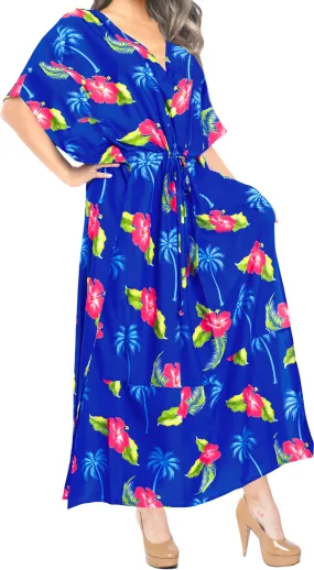 LA LEELA Lounge Caftan Likre Printed Resort Wear Kaftan Blouse Beach Dress Designer Cover ups Blue_K767