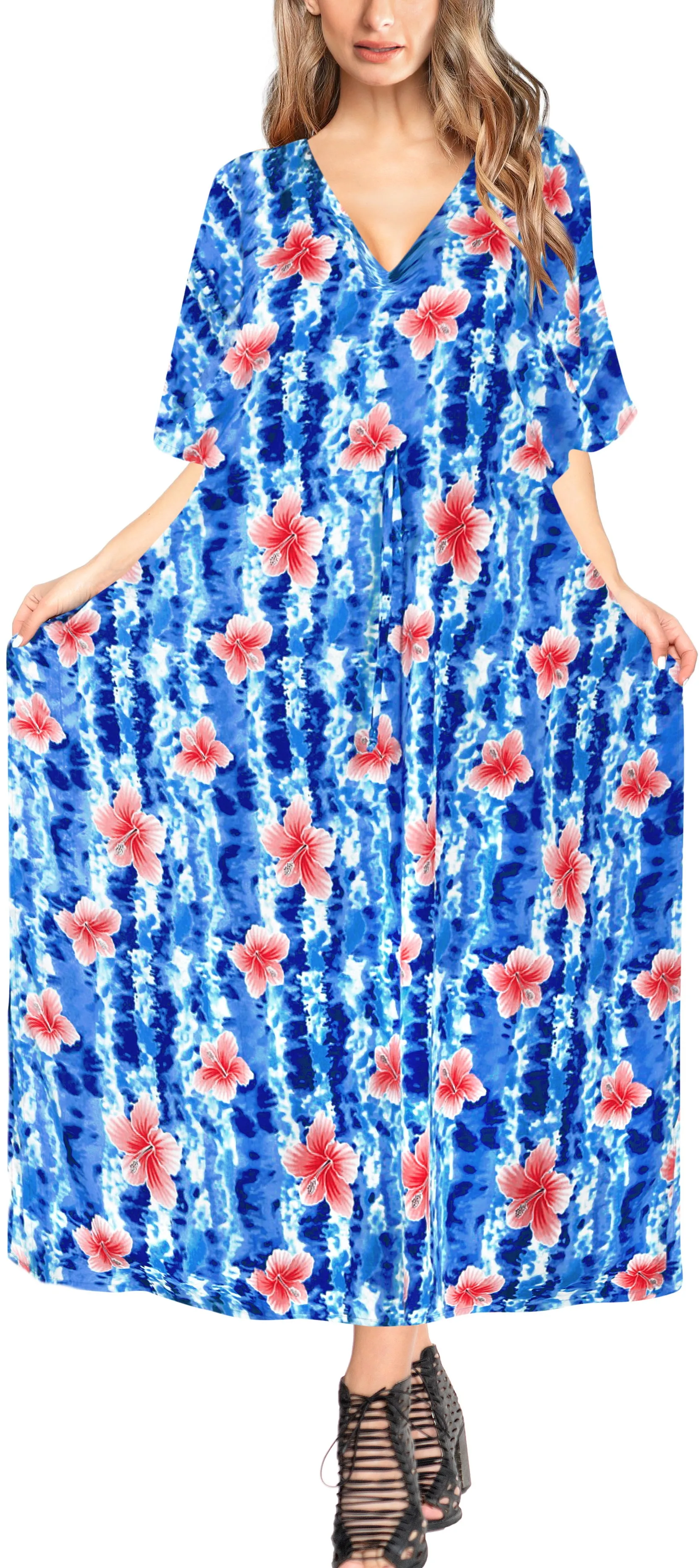LA LEELA Lounge Caftan Likre Printed Resort Wear Kaftan Blouse Beach Dress Designer Cover ups Blue_V520