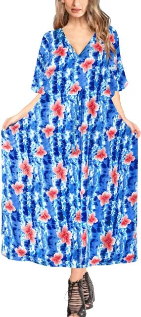 LA LEELA Lounge Caftan Likre Printed Resort Wear Kaftan Blouse Beach Dress Designer Cover ups Blue_V520