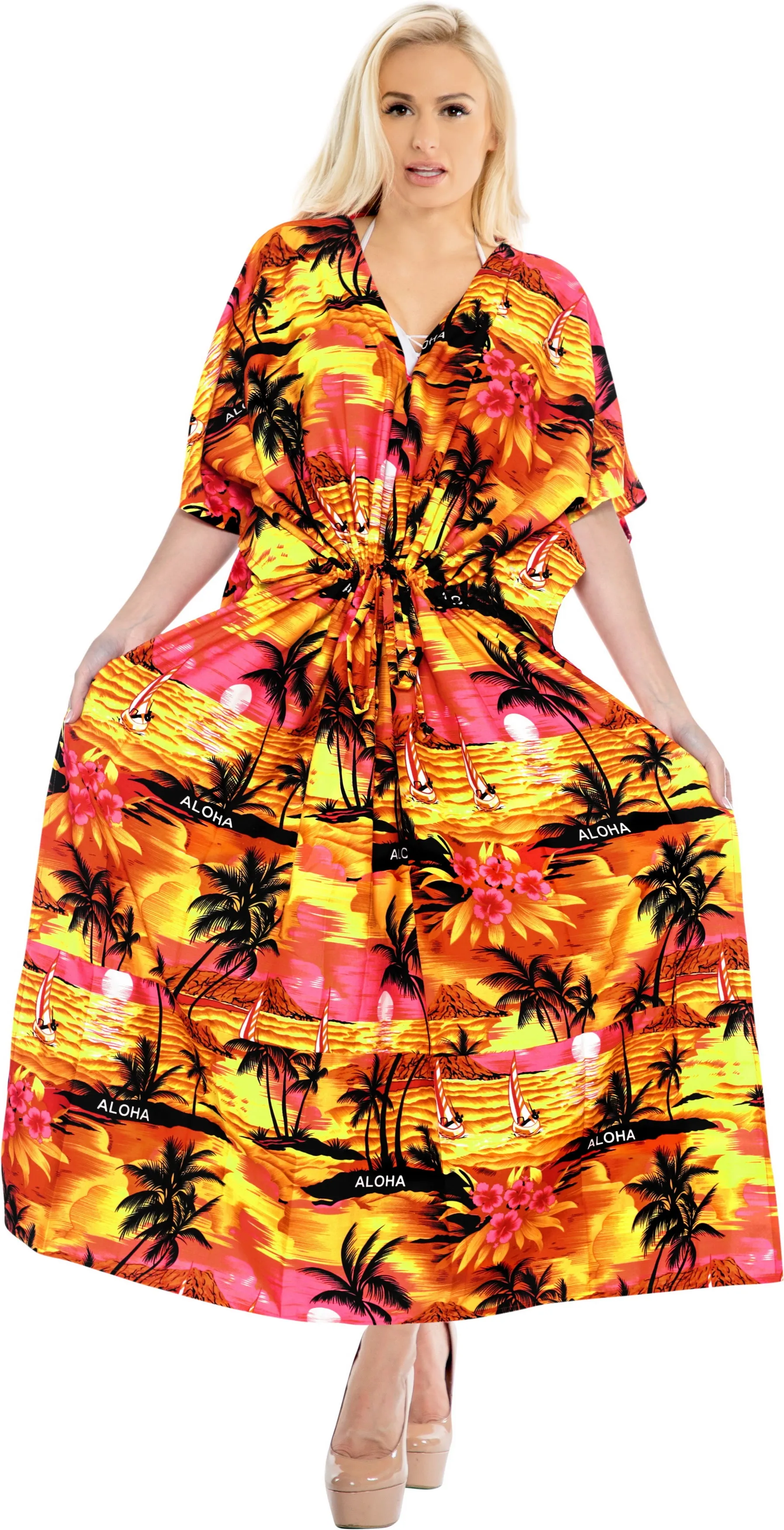LA LEELA Lounge Caftan Likre Printed Resort Wear Kaftan Blouse Beach Dress Designer Cover ups Pumpkin Orange_V416