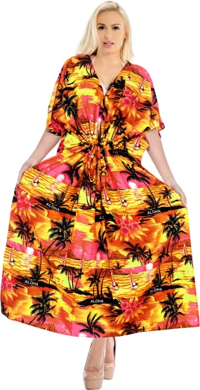 LA LEELA Lounge Caftan Likre Printed Resort Wear Kaftan Blouse Beach Dress Designer Cover ups Pumpkin Orange_V416
