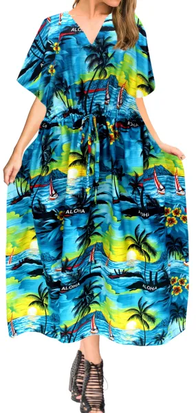 LA LEELA Lounge Caftan Likre Printed Resort Wear Kaftan Blouse Beach Dress Designer Cover ups Teal Blue_H220