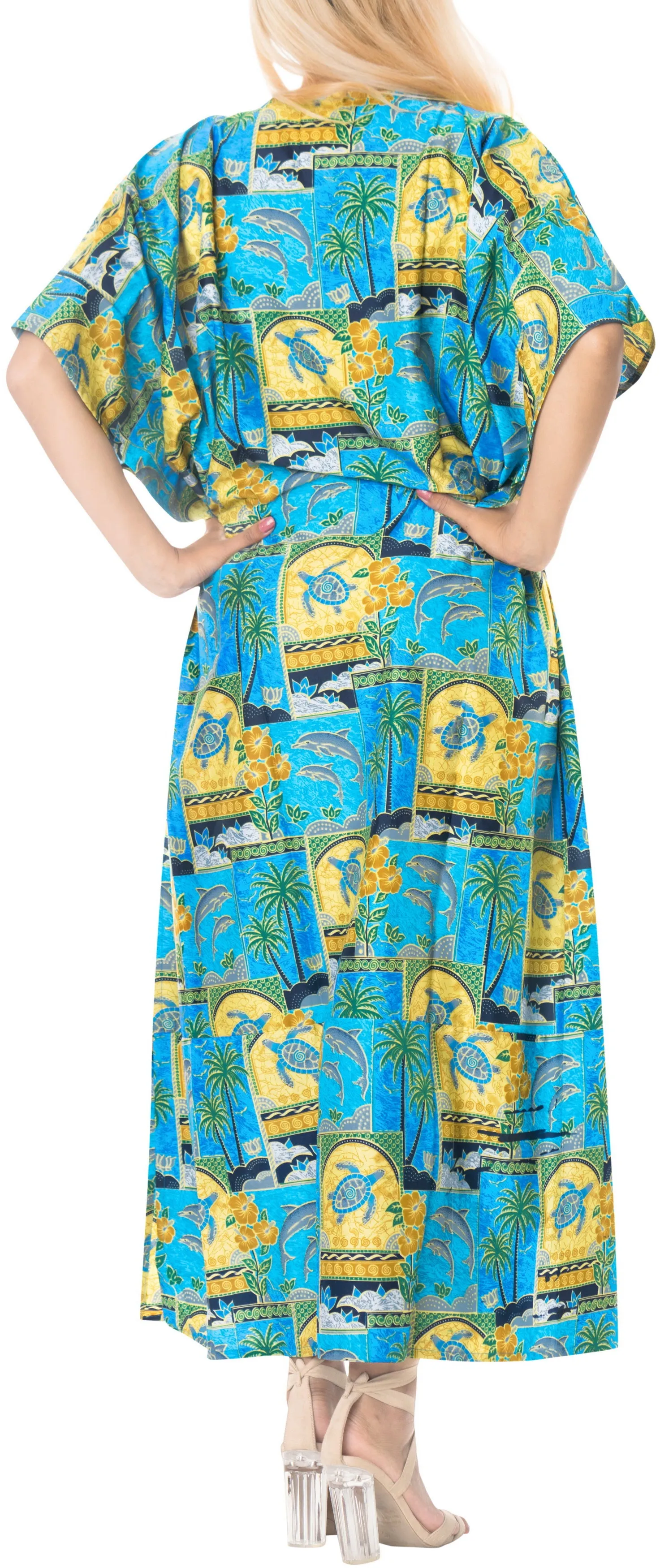 LA LEELA Lounge Likre Printed Long Caftan Vacation Top Matching_602 OSFM 14-22W [L-3X]
