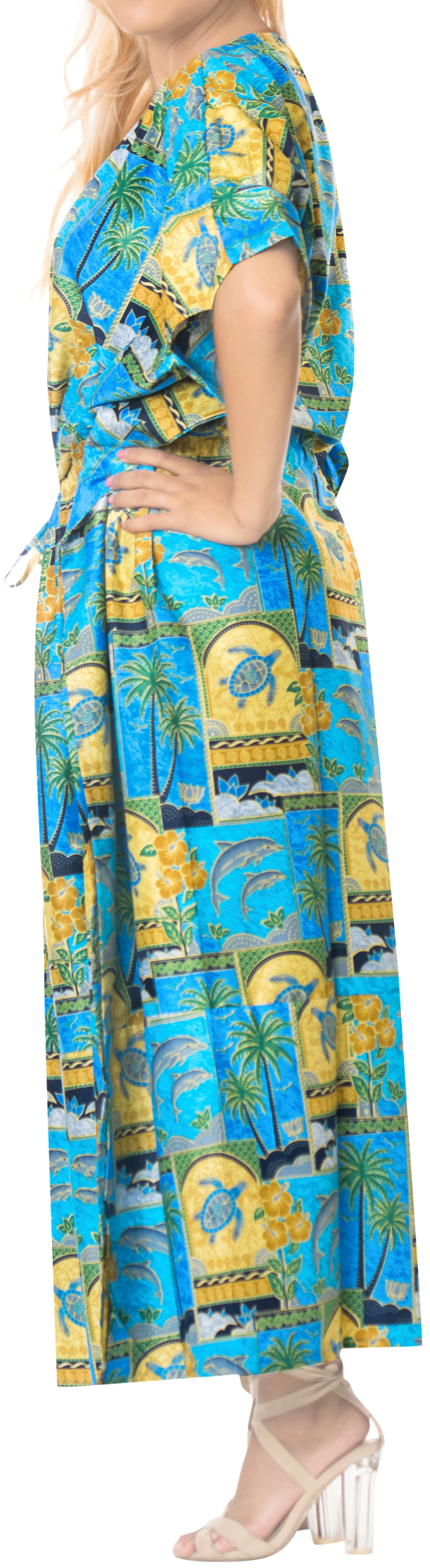 LA LEELA Lounge Likre Printed Long Caftan Vacation Top Matching_602 OSFM 14-22W [L-3X]