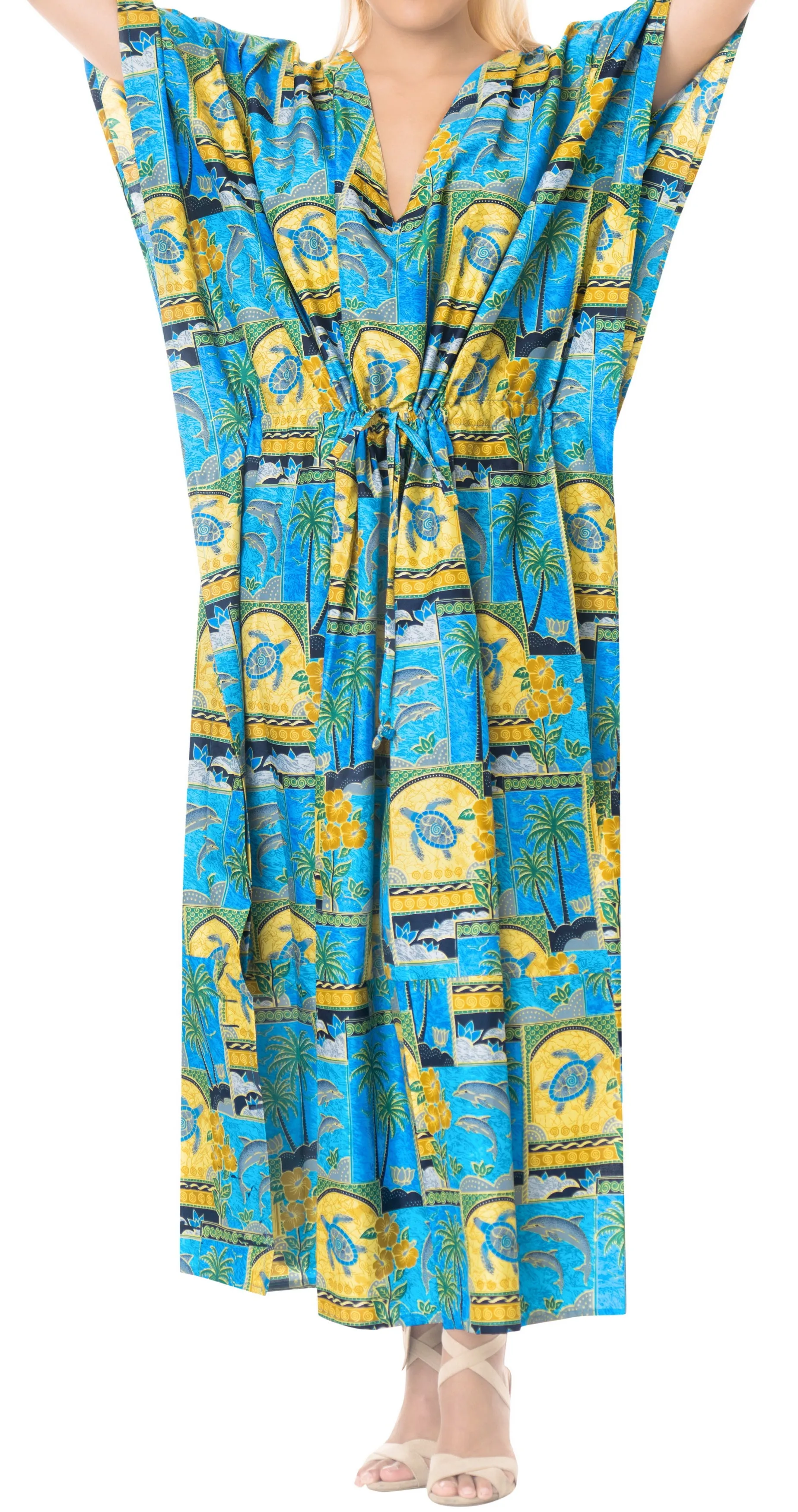 LA LEELA Lounge Likre Printed Long Caftan Vacation Top Matching_602 OSFM 14-22W [L-3X]