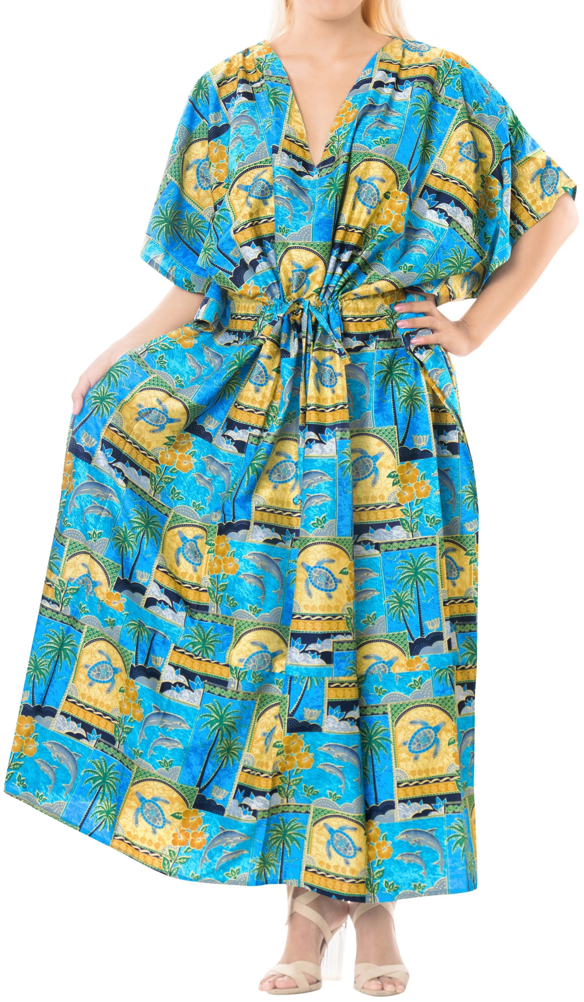 LA LEELA Lounge Likre Printed Long Caftan Vacation Top Matching_602 OSFM 14-22W [L-3X]