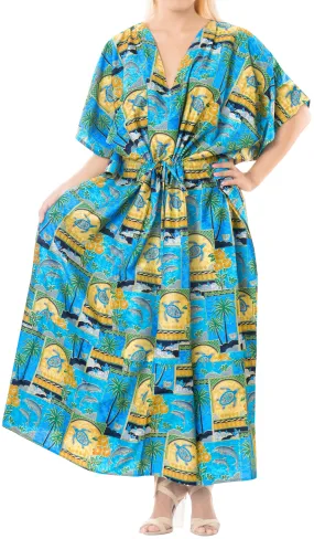 LA LEELA Lounge Likre Printed Long Caftan Vacation Top Matching_602 OSFM 14-22W [L-3X]