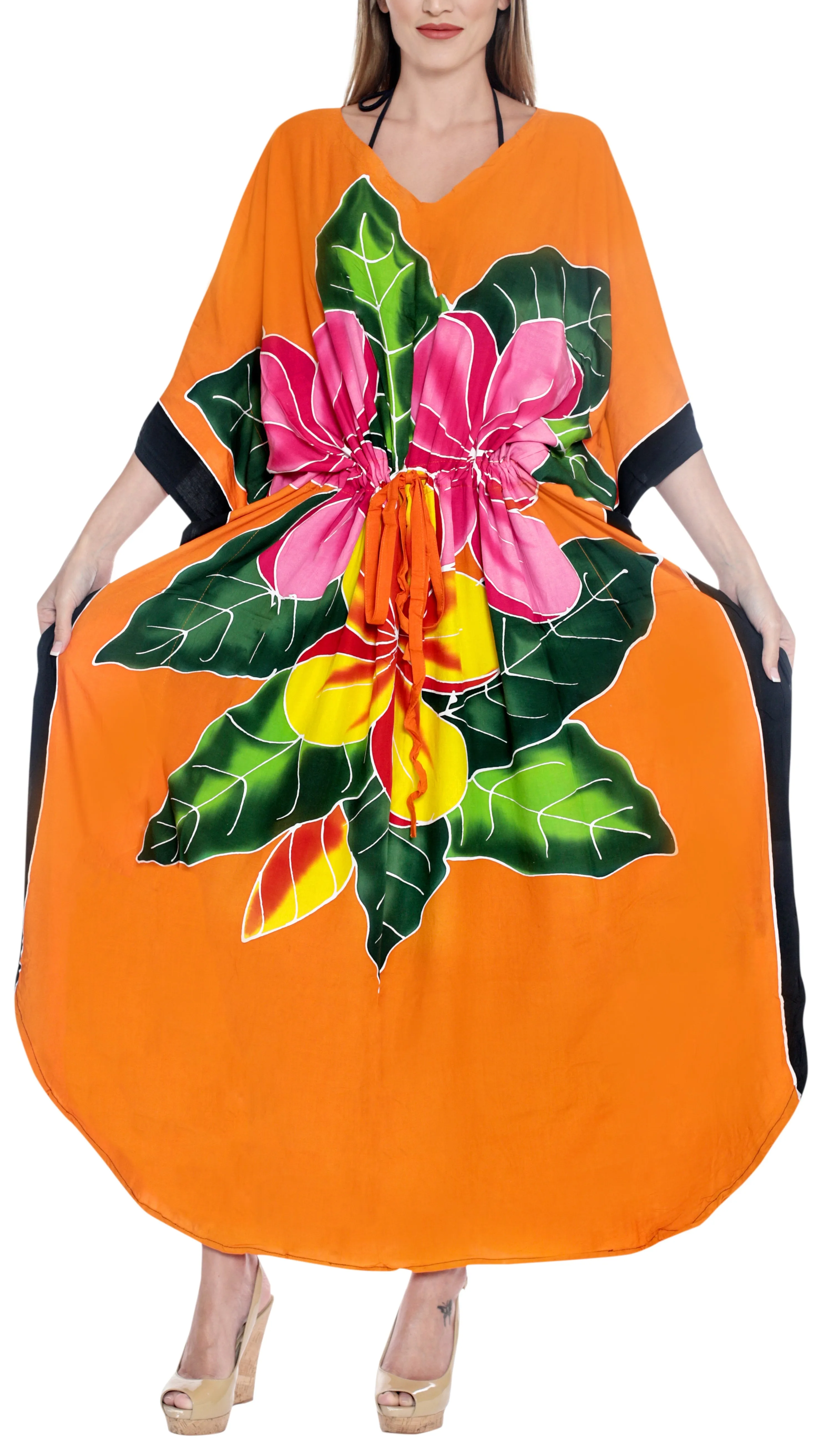 LA LEELA Lounge Rayon Printed Long Caftan Swimwear Girls Orange_1412 OSFM 12-20W [L-2X]