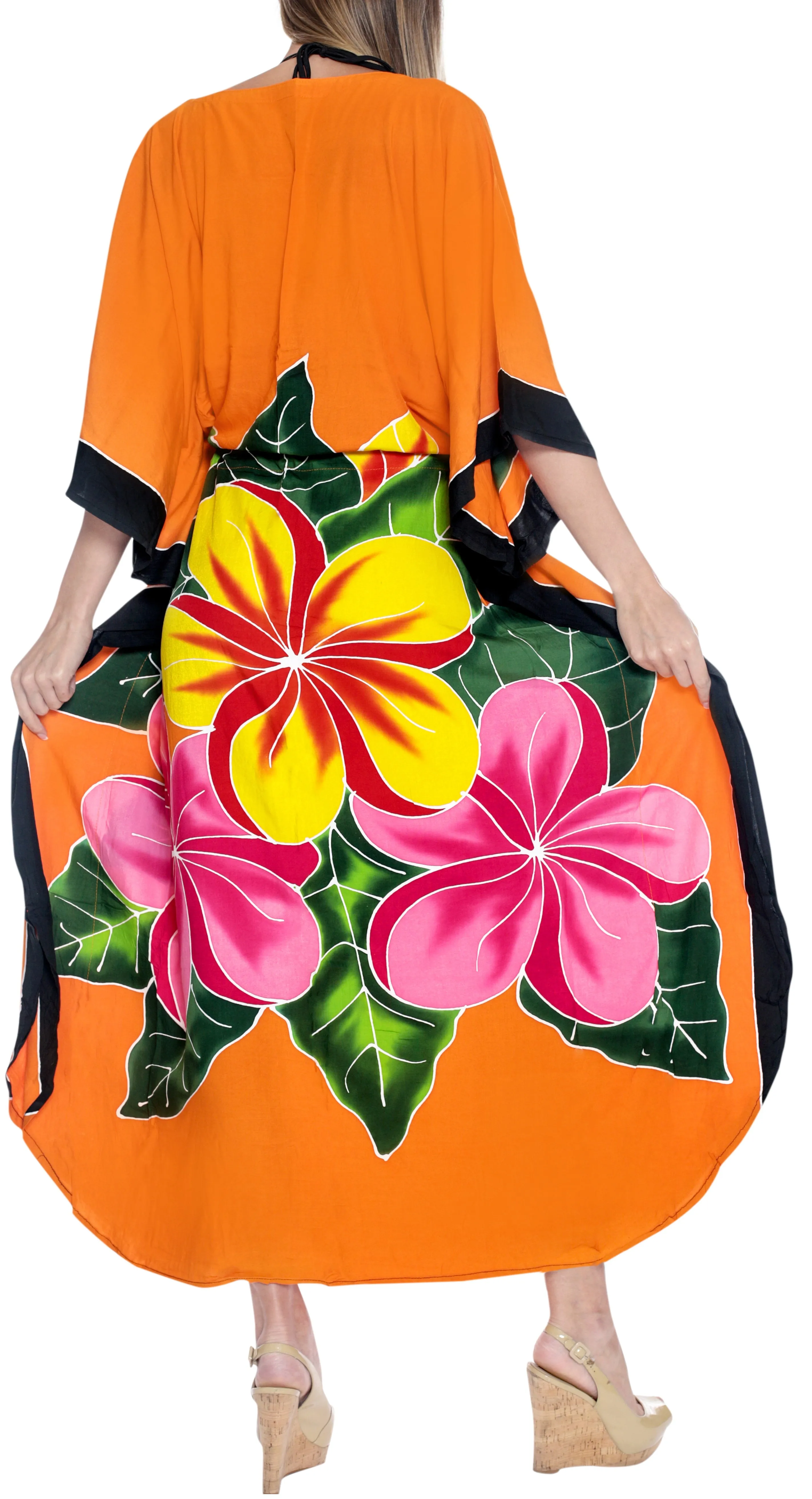 LA LEELA Lounge Rayon Printed Long Caftan Swimwear Girls Orange_1412 OSFM 12-20W [L-2X]