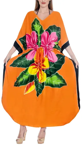 LA LEELA Lounge Rayon Printed Long Caftan Swimwear Girls Orange_1412 OSFM 12-20W [L-2X]