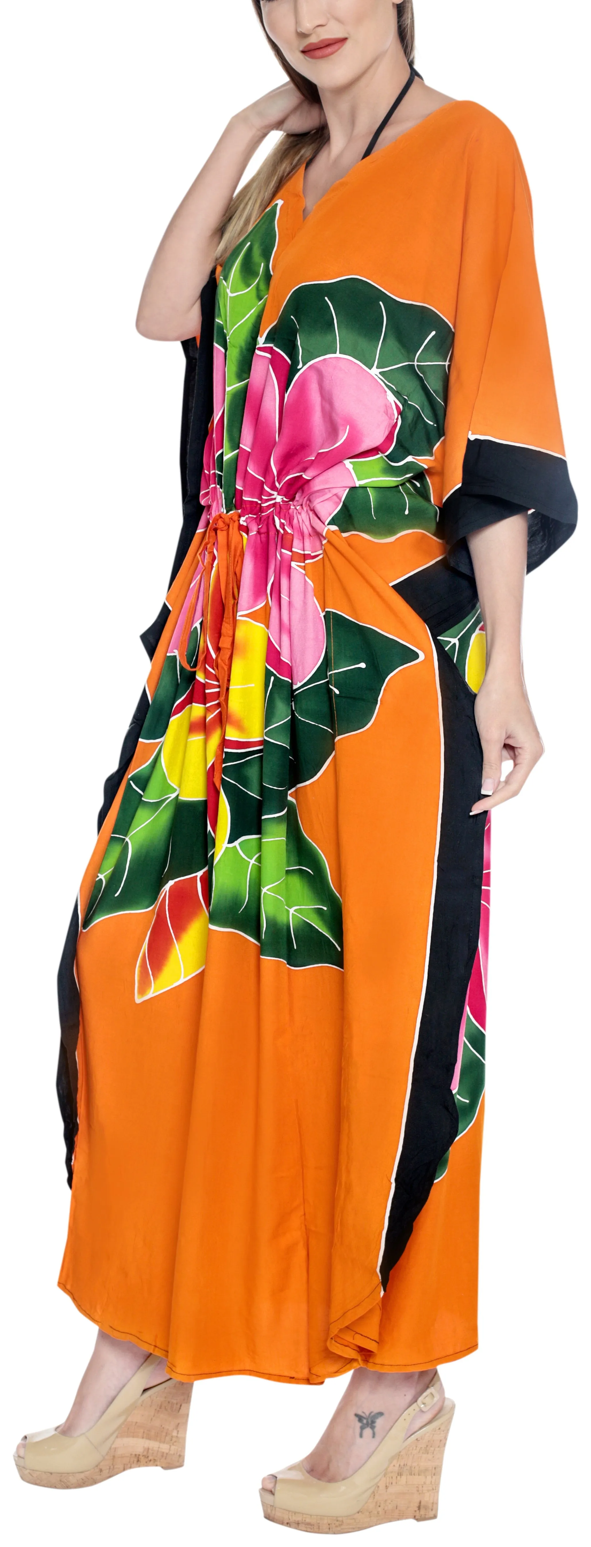 LA LEELA Lounge Rayon Printed Long Caftan Swimwear Girls Orange_1412 OSFM 12-20W [L-2X]