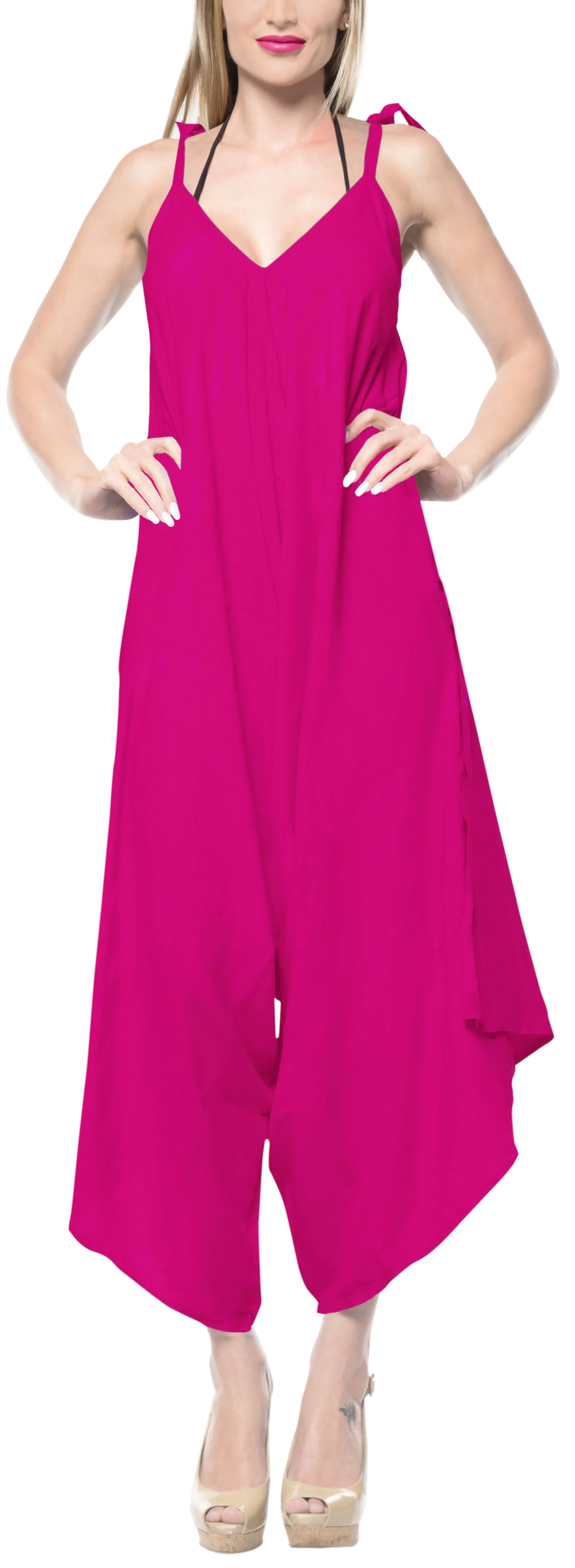 LA LEELA Rayon Solid Womens Beach Wear Beach Dresses OSFM 14-16  Pink_3434