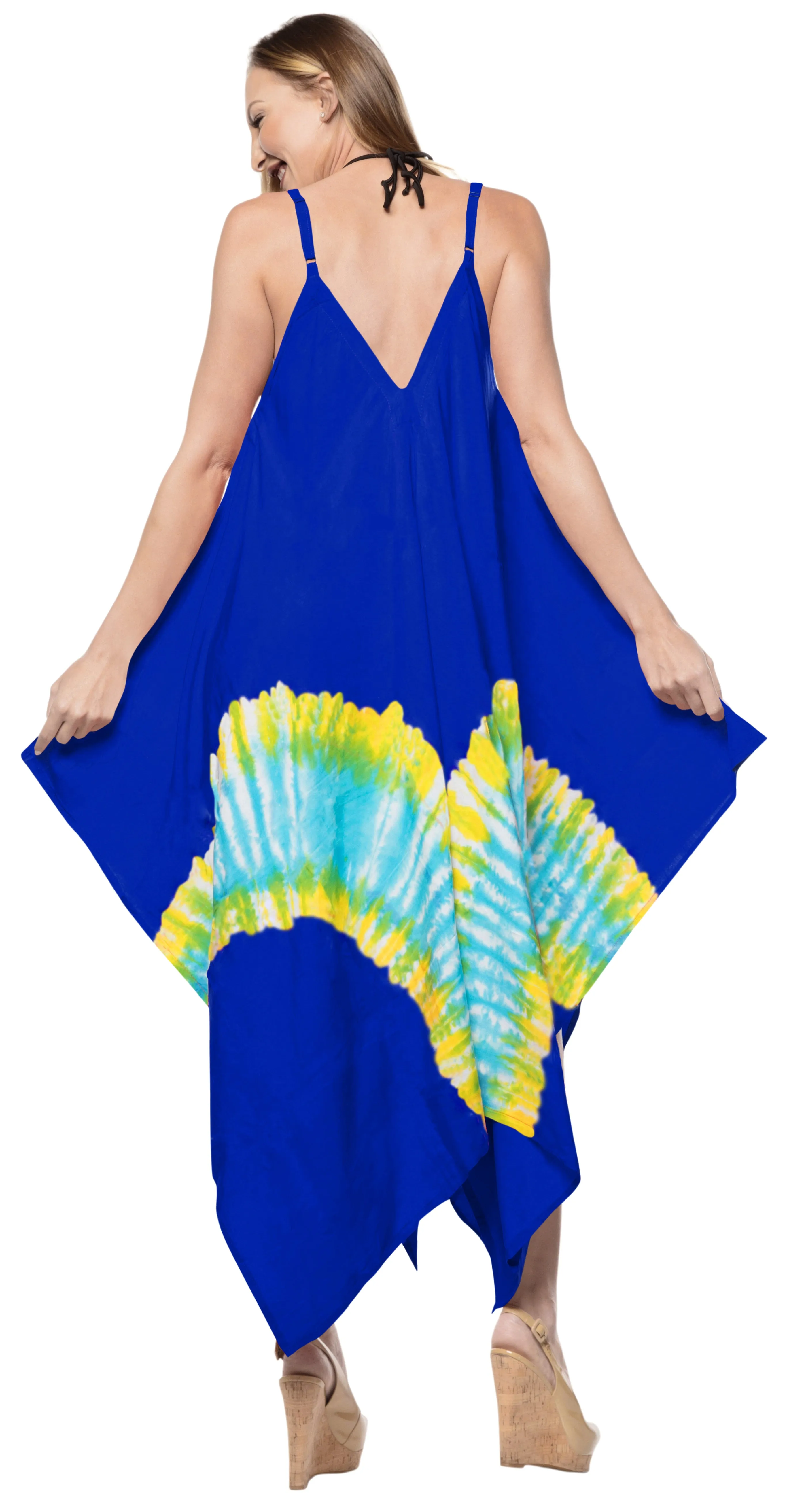 LA LEELA Rayon Tie Dye Swimwear Strapless Slit cut Casual DRESS Beach Cover up OSFM 14-16 [L-1X] Blue_3486