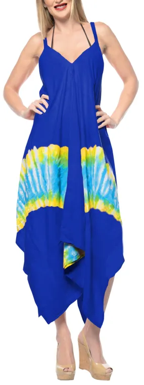 LA LEELA Rayon Tie Dye Swimwear Strapless Slit cut Casual DRESS Beach Cover up OSFM 14-16 [L-1X] Blue_3486