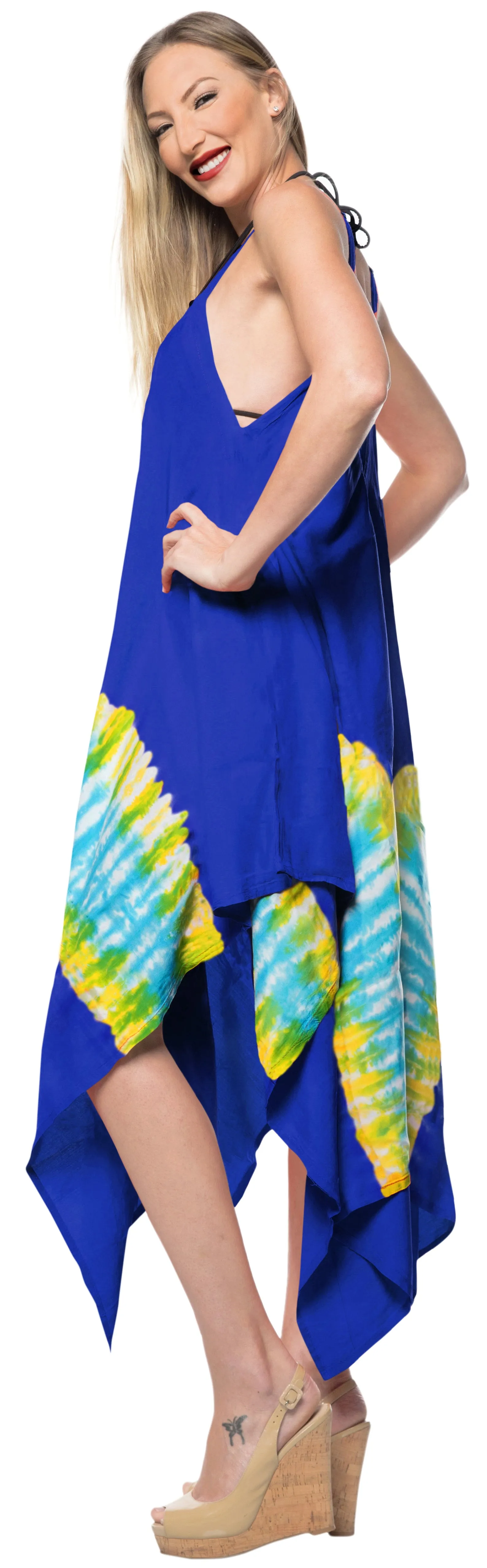 LA LEELA Rayon Tie Dye Swimwear Strapless Slit cut Casual DRESS Beach Cover up OSFM 14-16 [L-1X] Blue_3486
