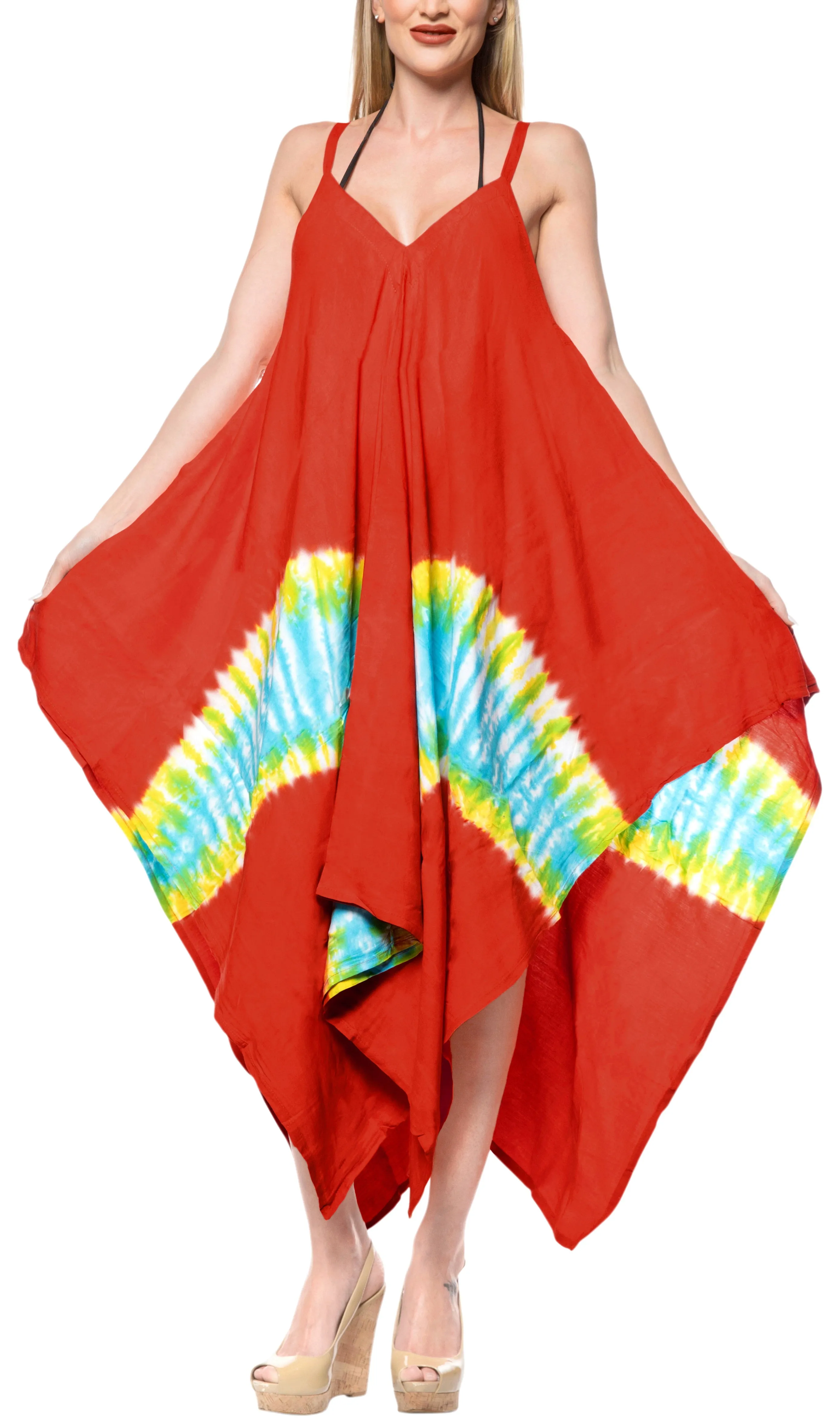 LA LEELA Rayon Tie Dye Tube Casual DRESS Beach Cover upes Strapless OSFM 14-16 [L-1X] Red_3489