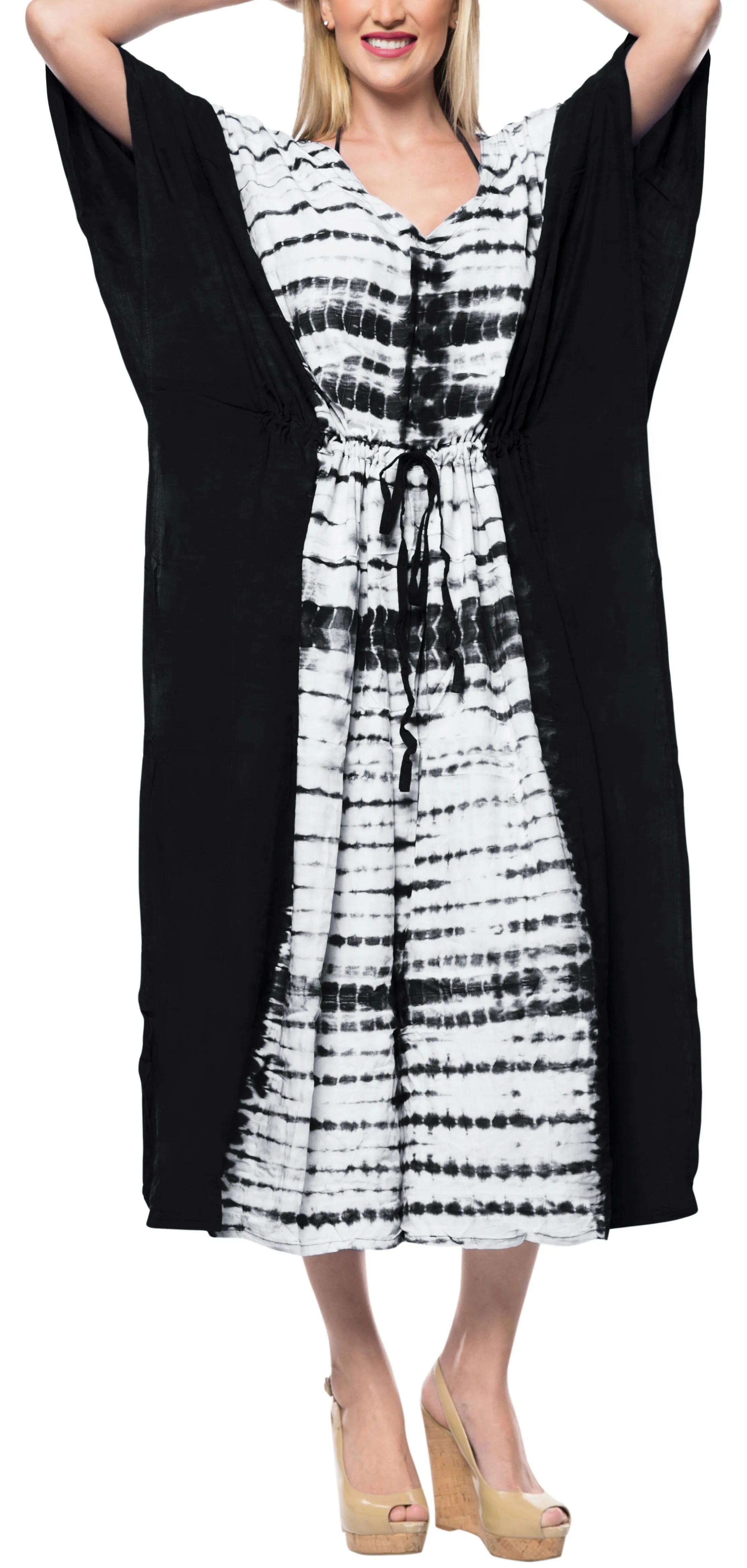 LA LEELA Rayon Tie_Dye Caftan Beach Dress Beach Top Black_1383 OSFM 14-32W [L-5X]