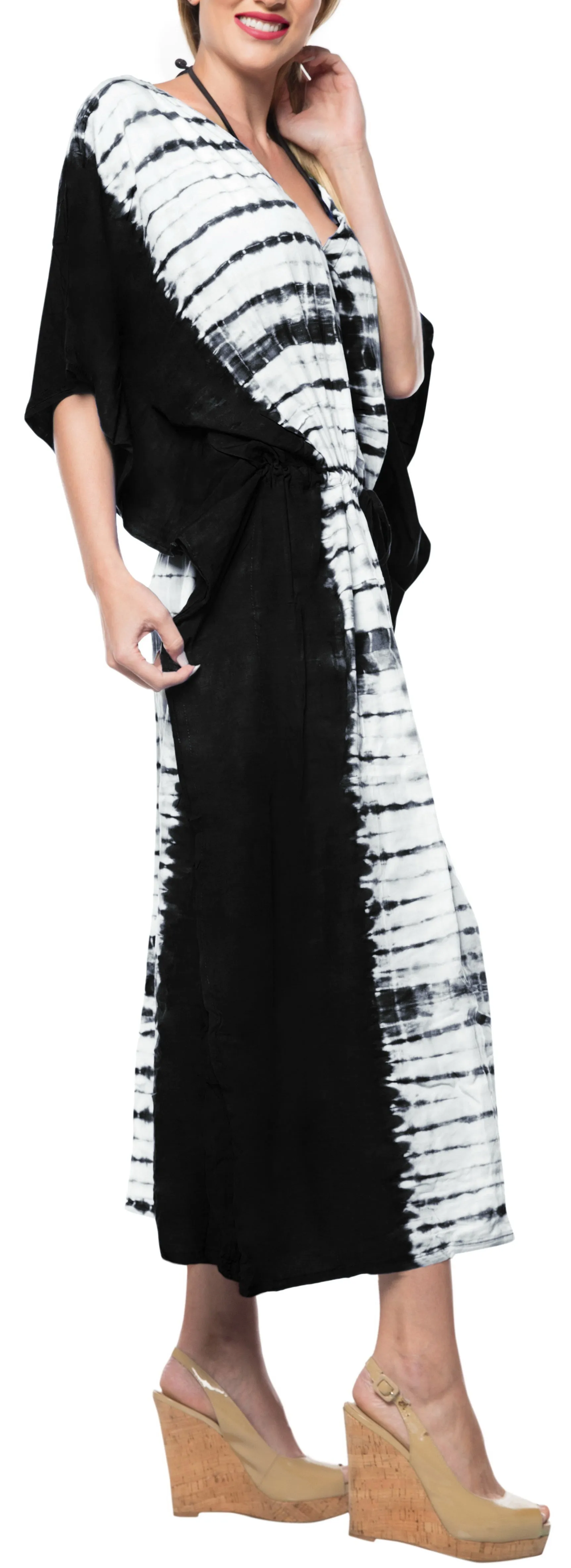 LA LEELA Rayon Tie_Dye Caftan Beach Dress Beach Top Black_1383 OSFM 14-32W [L-5X]
