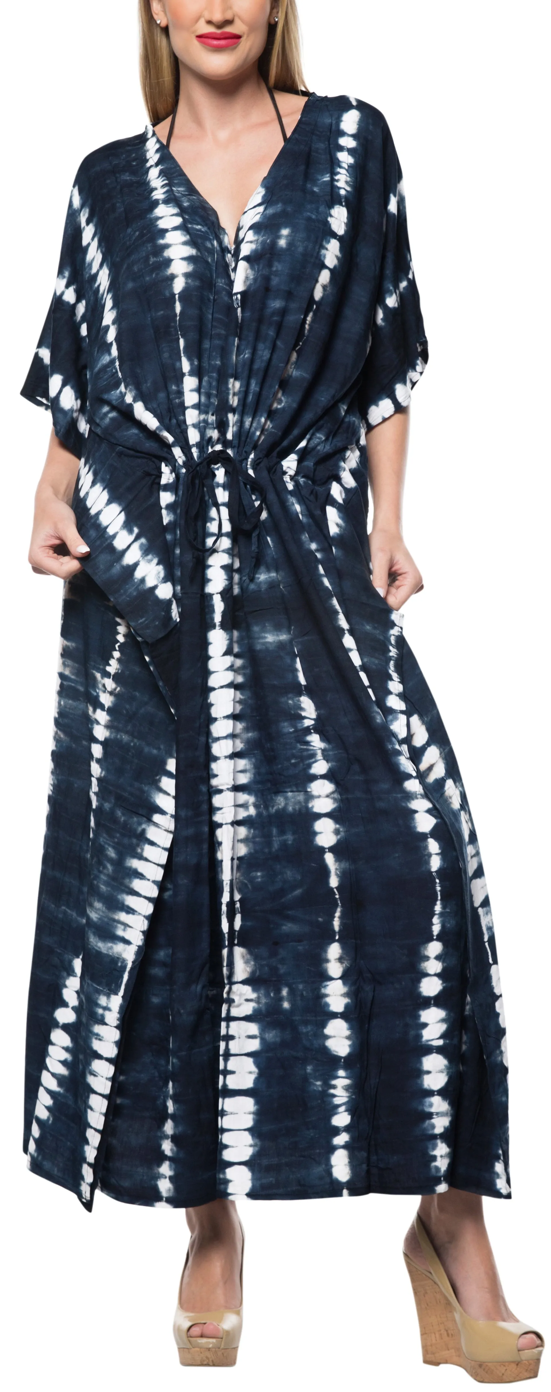 LA LEELA Rayon Tie_Dye Caftan Beach Dress Beach Top Black_1411 OSFM 14-32W [L-5X]