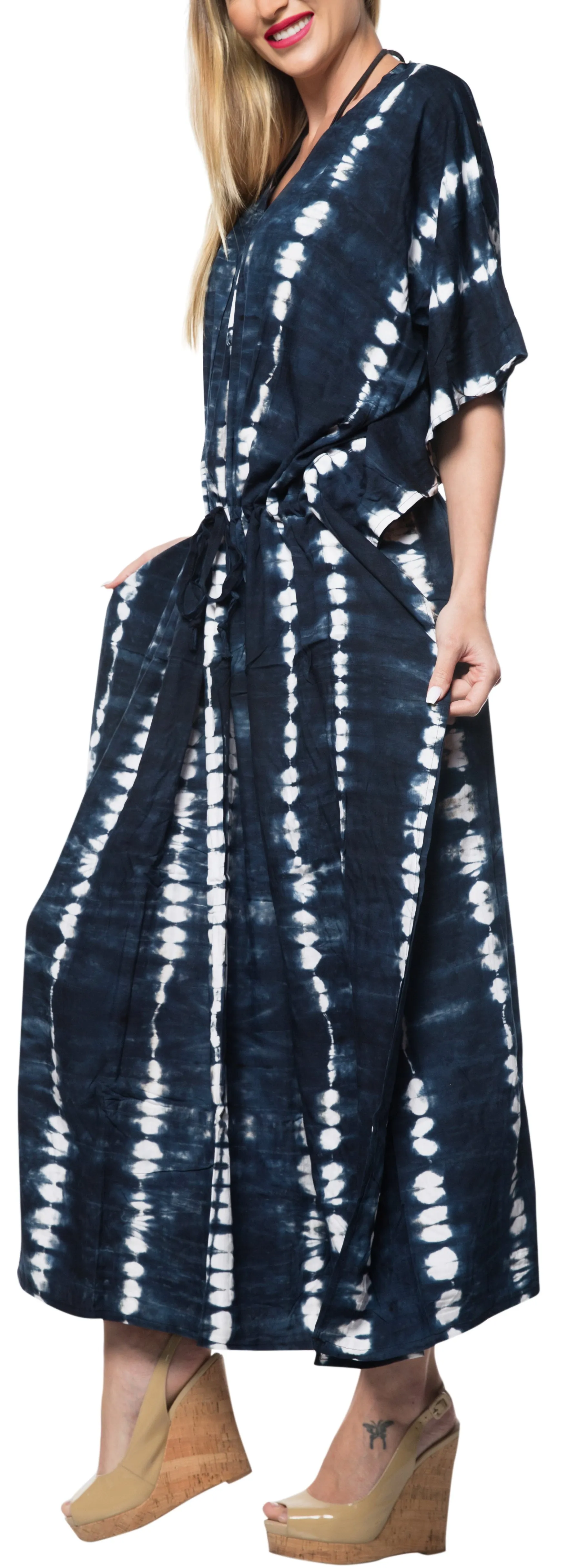 LA LEELA Rayon Tie_Dye Caftan Beach Dress Beach Top Black_1411 OSFM 14-32W [L-5X]