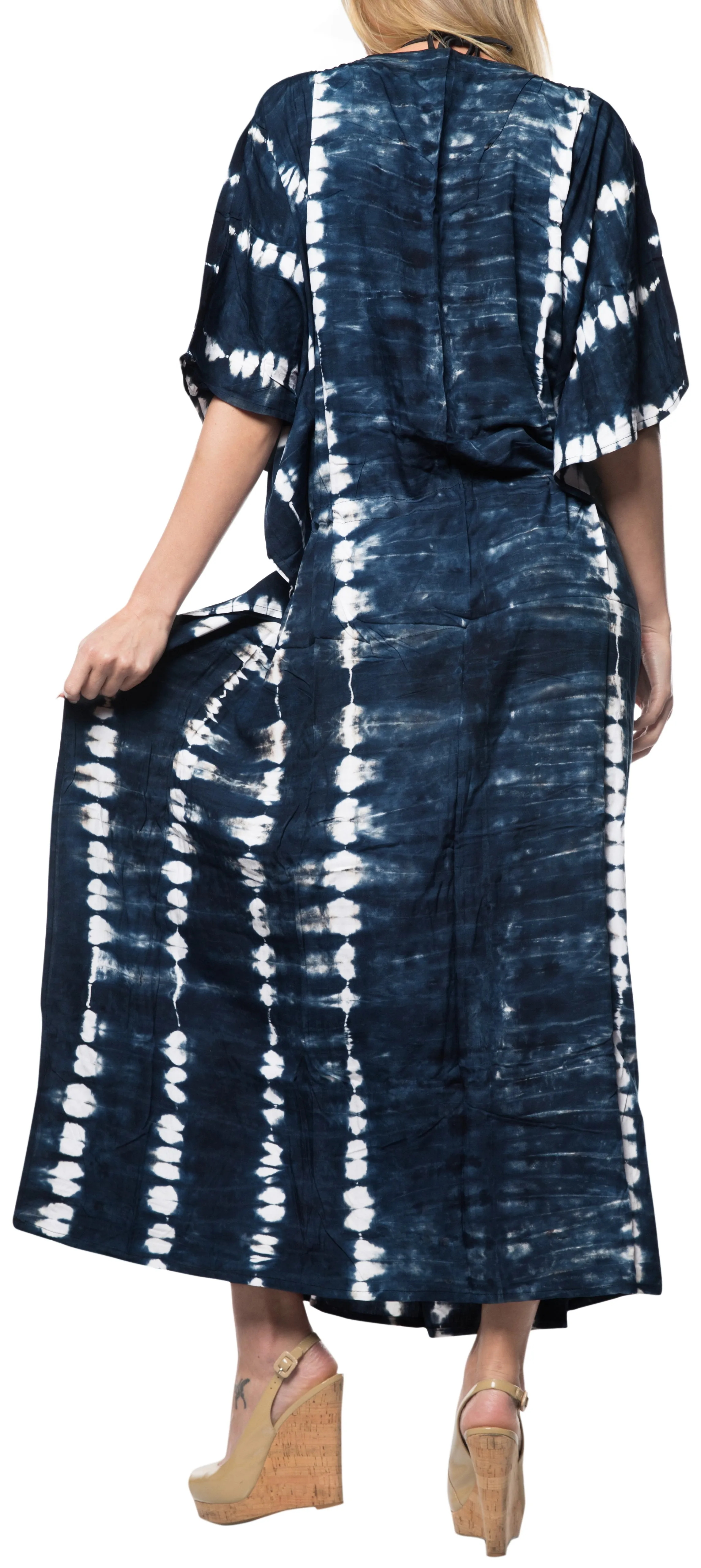 LA LEELA Rayon Tie_Dye Caftan Beach Dress Beach Top Black_1411 OSFM 14-32W [L-5X]
