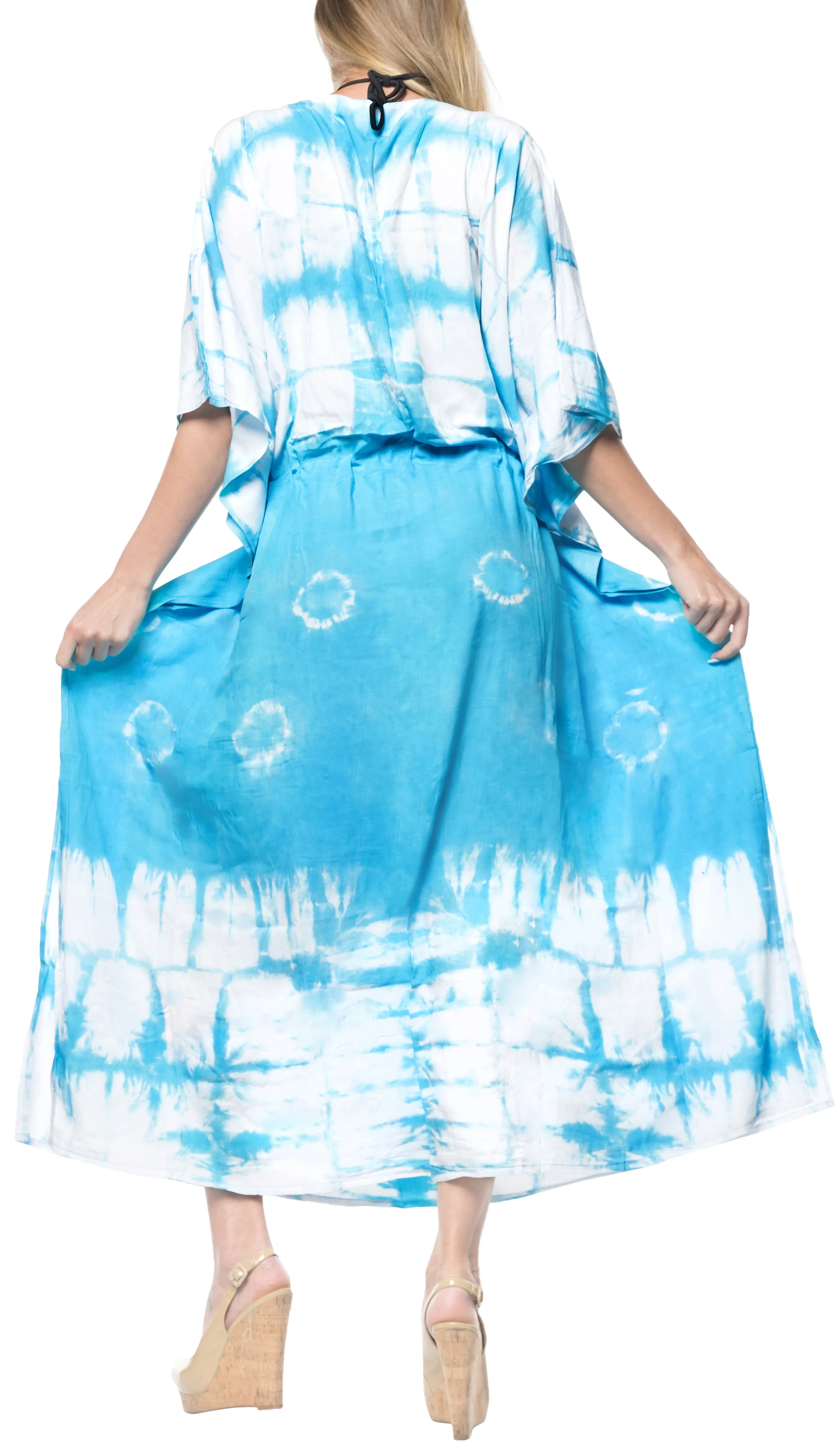 LA LEELA Rayon Tie_Dye Caftan Beach Dress Loose Gown Women Blue_1396 OSFM 14-32W