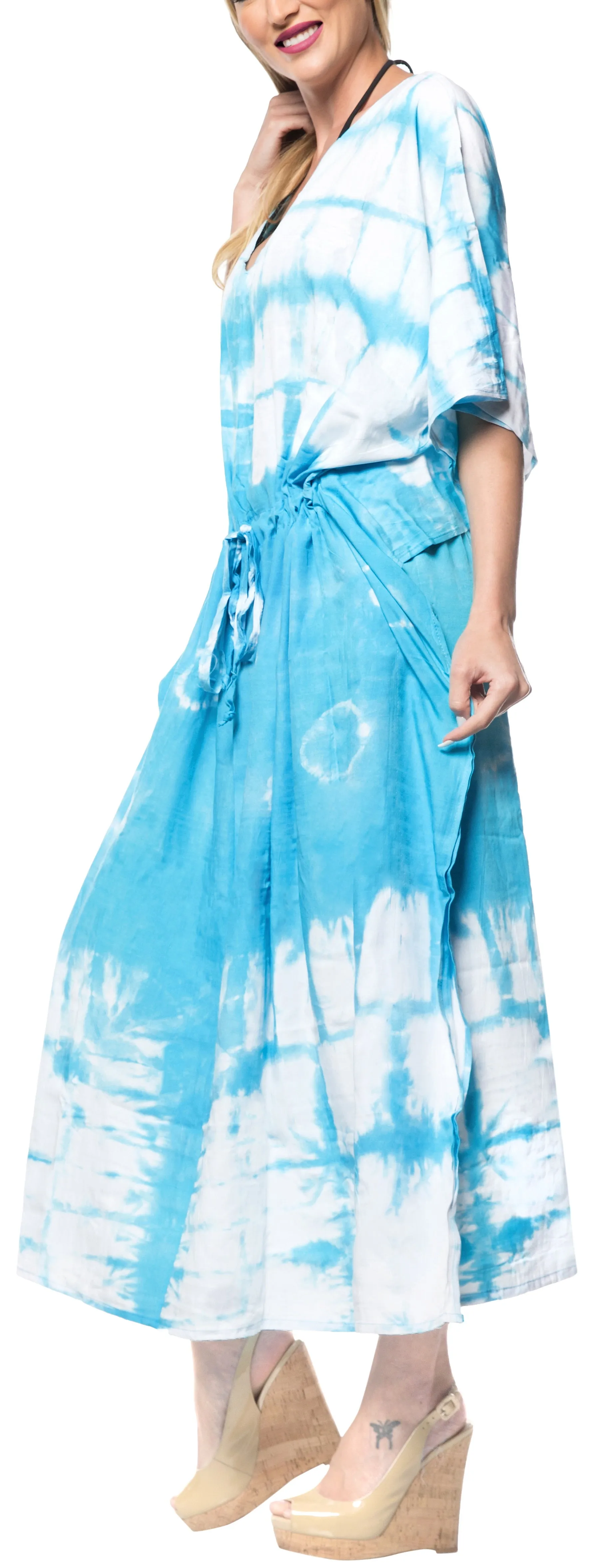 LA LEELA Rayon Tie_Dye Caftan Beach Dress Loose Gown Women Blue_1396 OSFM 14-32W